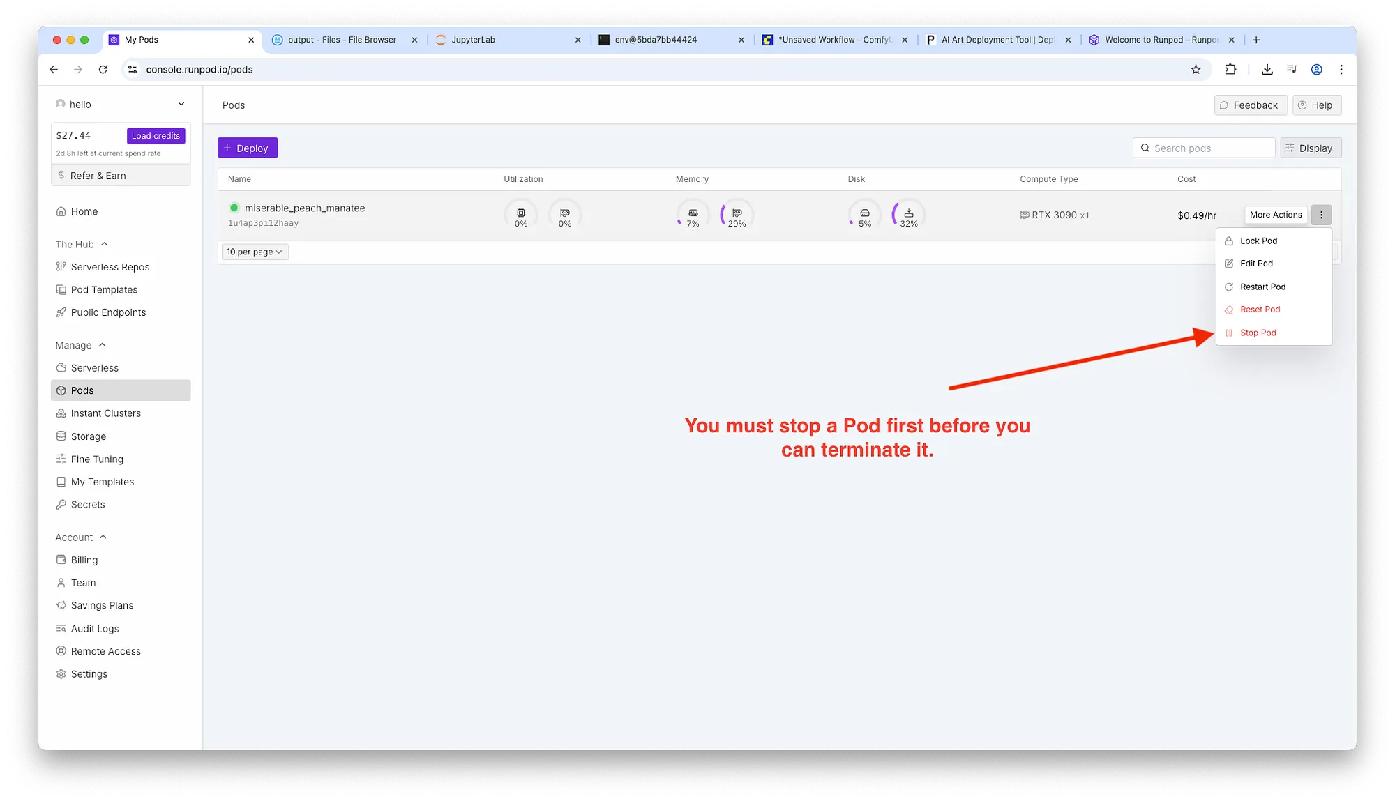 Runpod Pods page showing pod 'miserable_peach_manatee', resource gauges, a dropdown menu with 'Stop Pod' highlighted by a red arrow and note to stop before terminating.