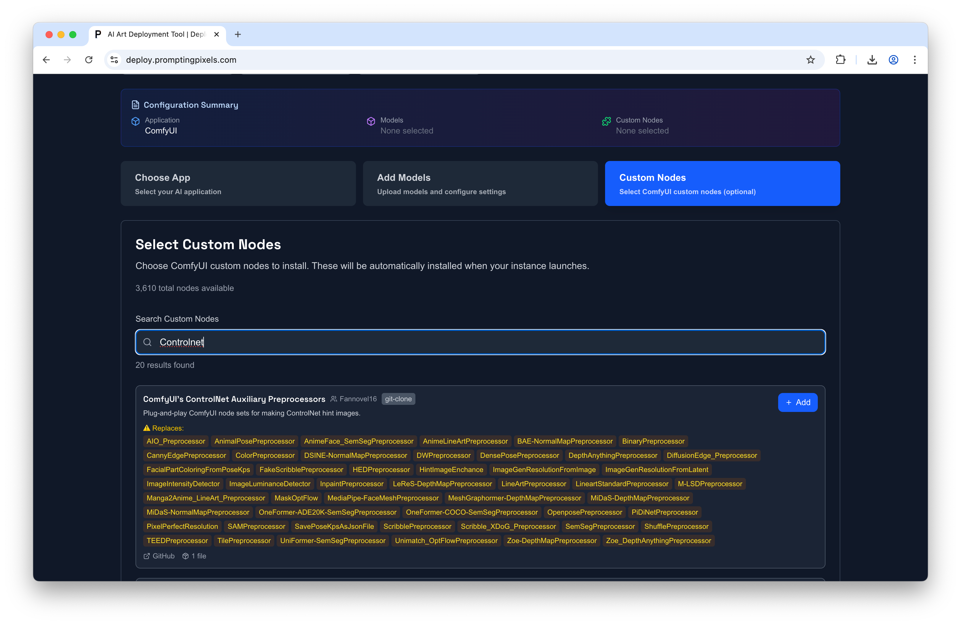 Web UI for ComfyUI node selection showing search field with 'Controlnet', text '3,610 total nodes' and '20 results found', a list of ControlNet preprocessors and a blue '+ Add' button