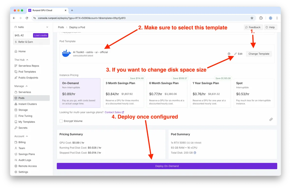 RunPod 'Deploy a Pod' UI screenshot with red arrows: select 'AI Toolkit - ostris - ui - official' template, edit/change template, adjust disk size, and press purple 'Deploy On-Demand' button; shows On-Demand $0.89/hr and RTX 5090 pod summary (200 GB disk).