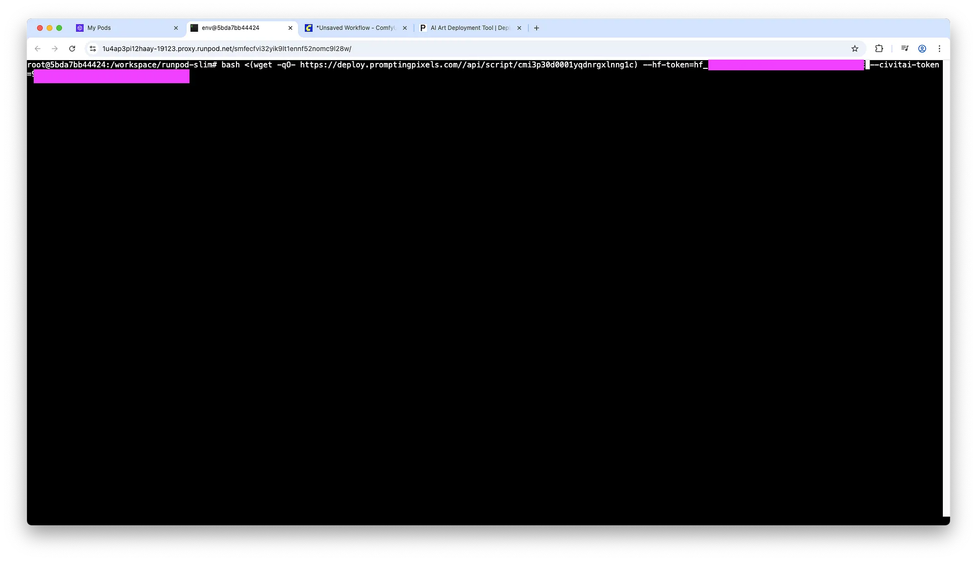 Browser window showing a terminal running a bash wget deploy script URL with redacted --hf-token and --civitai-token values highlighted in magenta