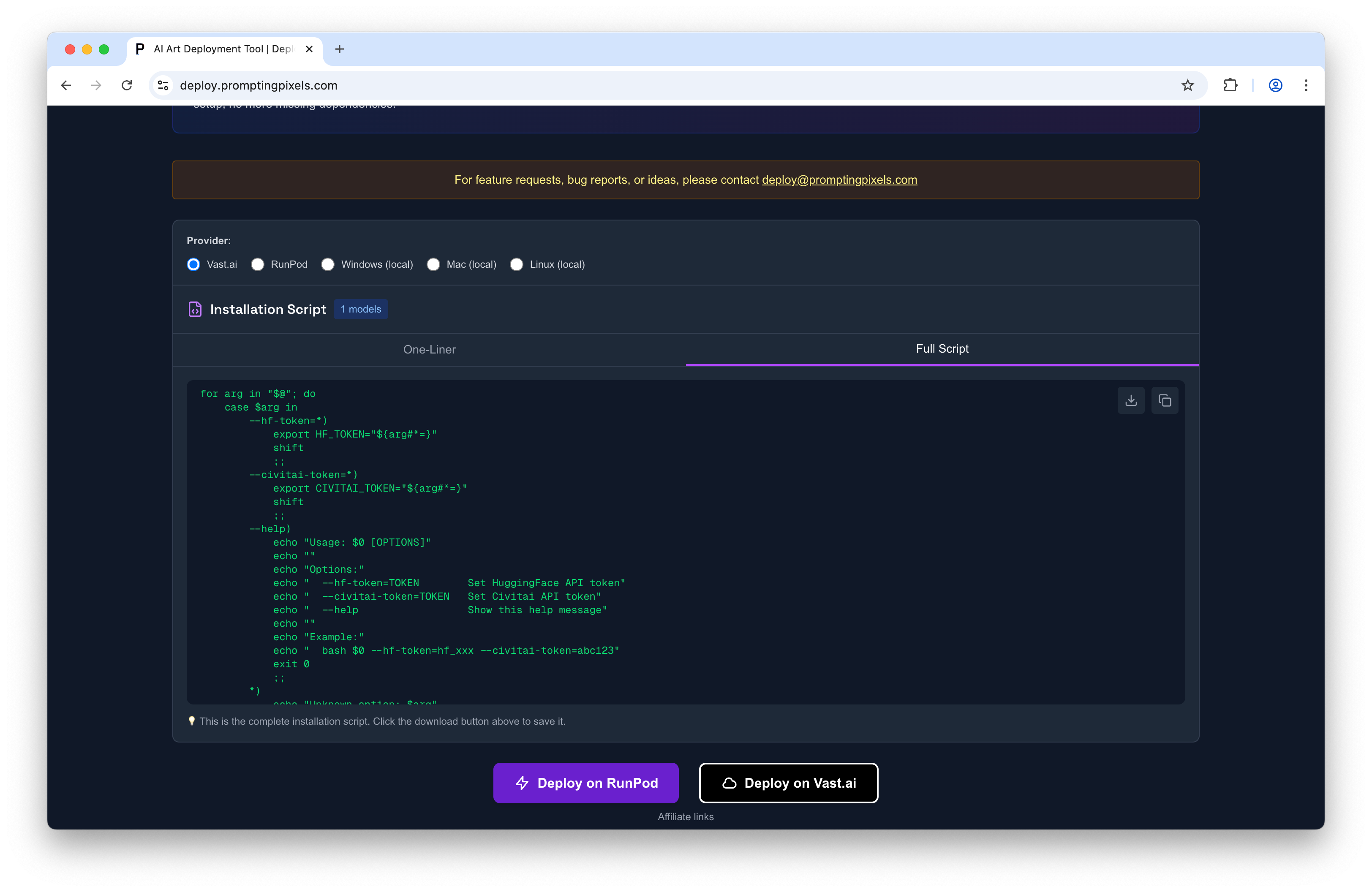 Browser screenshot of a deployment UI with Vast.ai selected, dark code panel showing bash exports for HF and Civitai tokens, plus deploy buttons for RunPod and Vast.ai