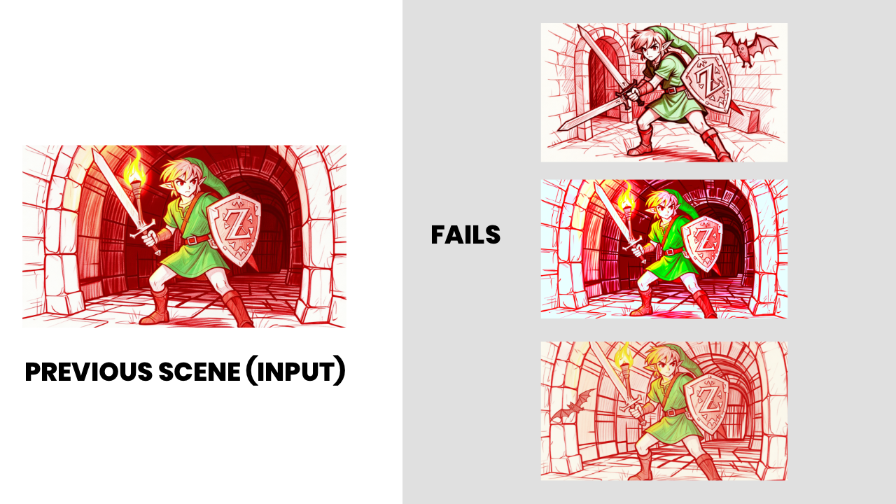 Left: large input scene of a fantasy hero in a green tunic holding a sword, torch and shield marked 'Z' inside a stone arch labeled 'PREVIOUS SCENE (INPUT)'. Right column headed 'FAILS' shows three smaller failed variant thumbnails (sketchy red, oversaturated, washed-out) stacked vertically.