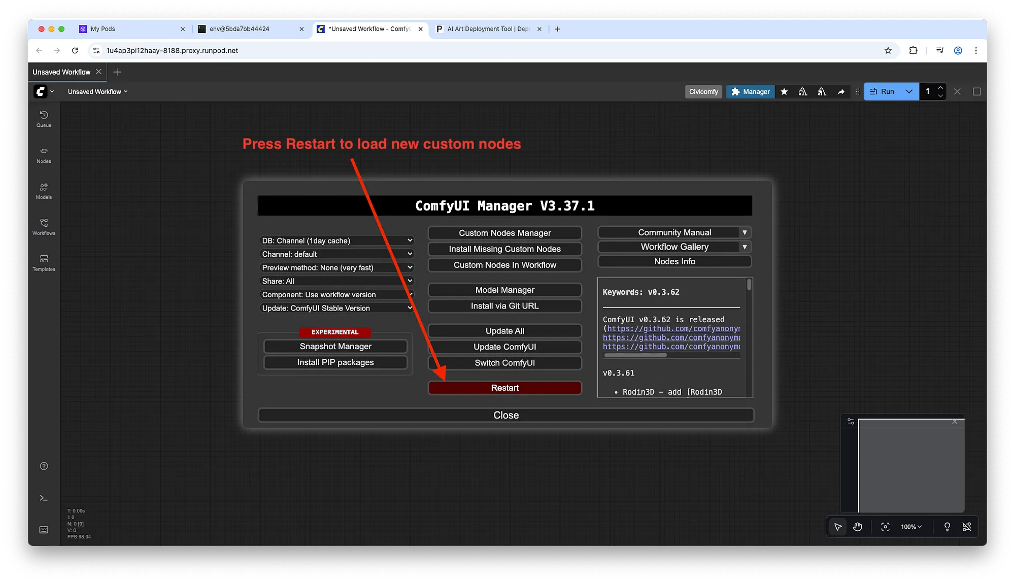 ComfyUI Manager v3.37.1 modal; red arrow and 'Press Restart' label point at red Restart button to load custom nodes; right panel shows version links.