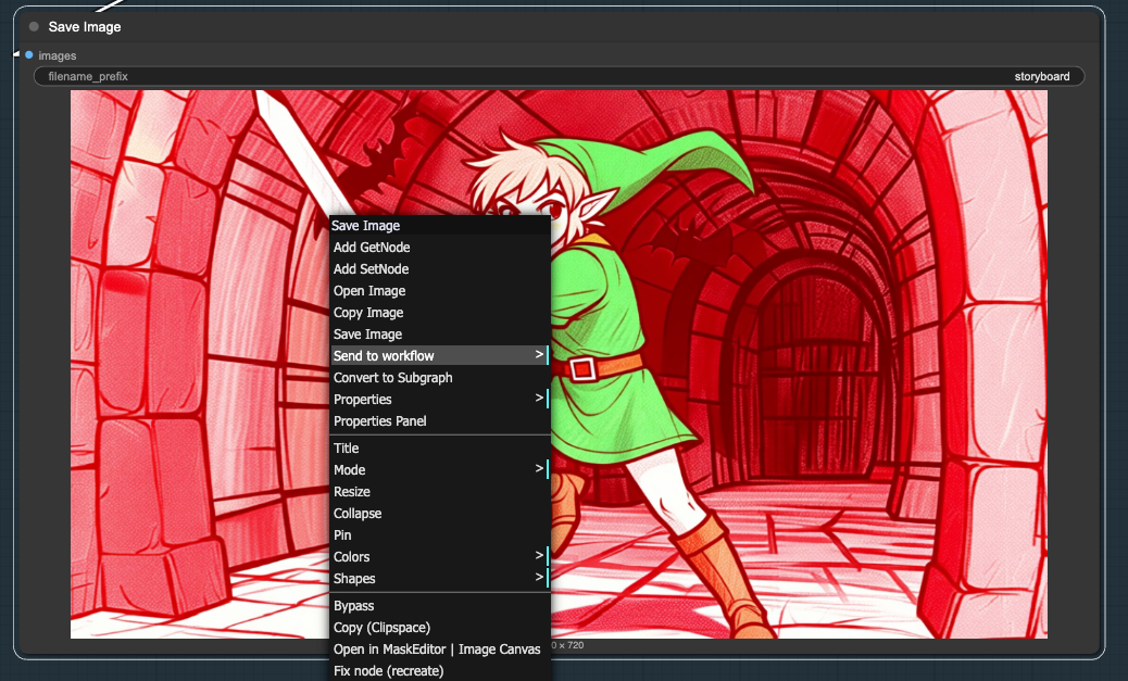 Node-editor screenshot showing a red-tinted illustration of a green-clothed hero in a stone archway; a right-click context menu overlays the image with options like 'Save Image' and 'Send to workflow'.
