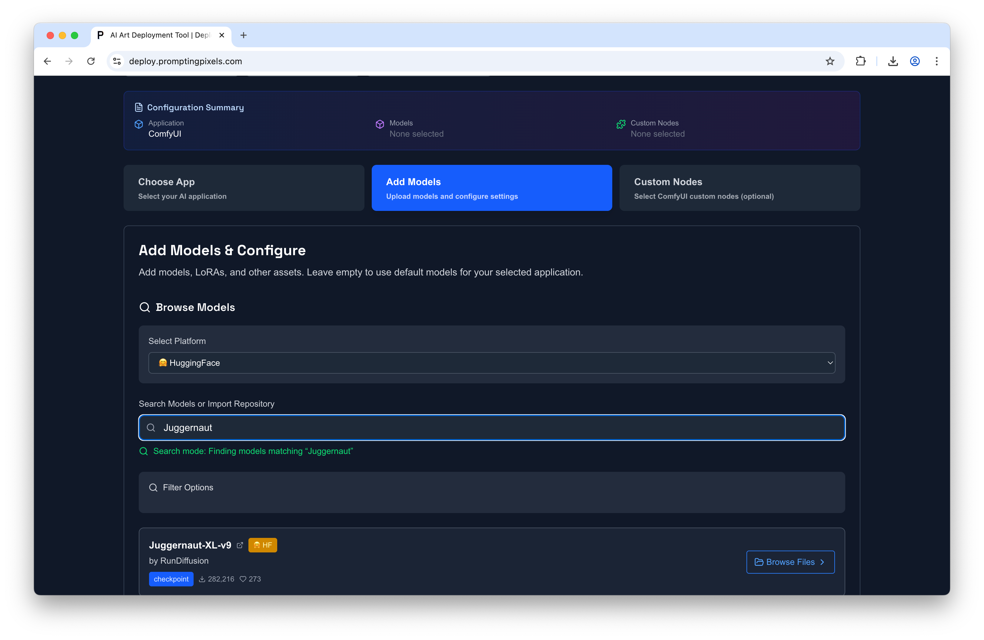 Dark web UI for AI deployment showing 'Add Models & Configure' panel, HuggingFace platform selected, search input with 'Juggernaut', result 'Juggernaut-XL-v9 by RunDiffusion' and a Browse Files button.