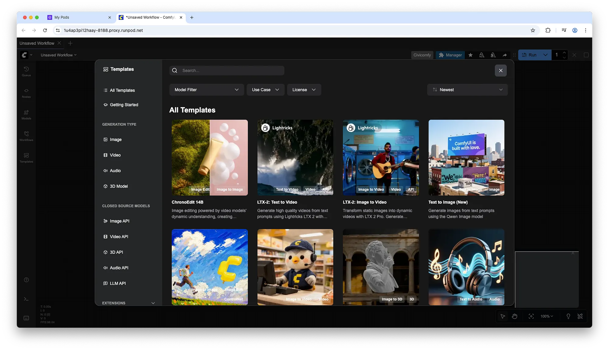 Dark ComfyUI Templates modal with search/filters, left sidebar of generation types and APIs, and a grid of image and video template cards.