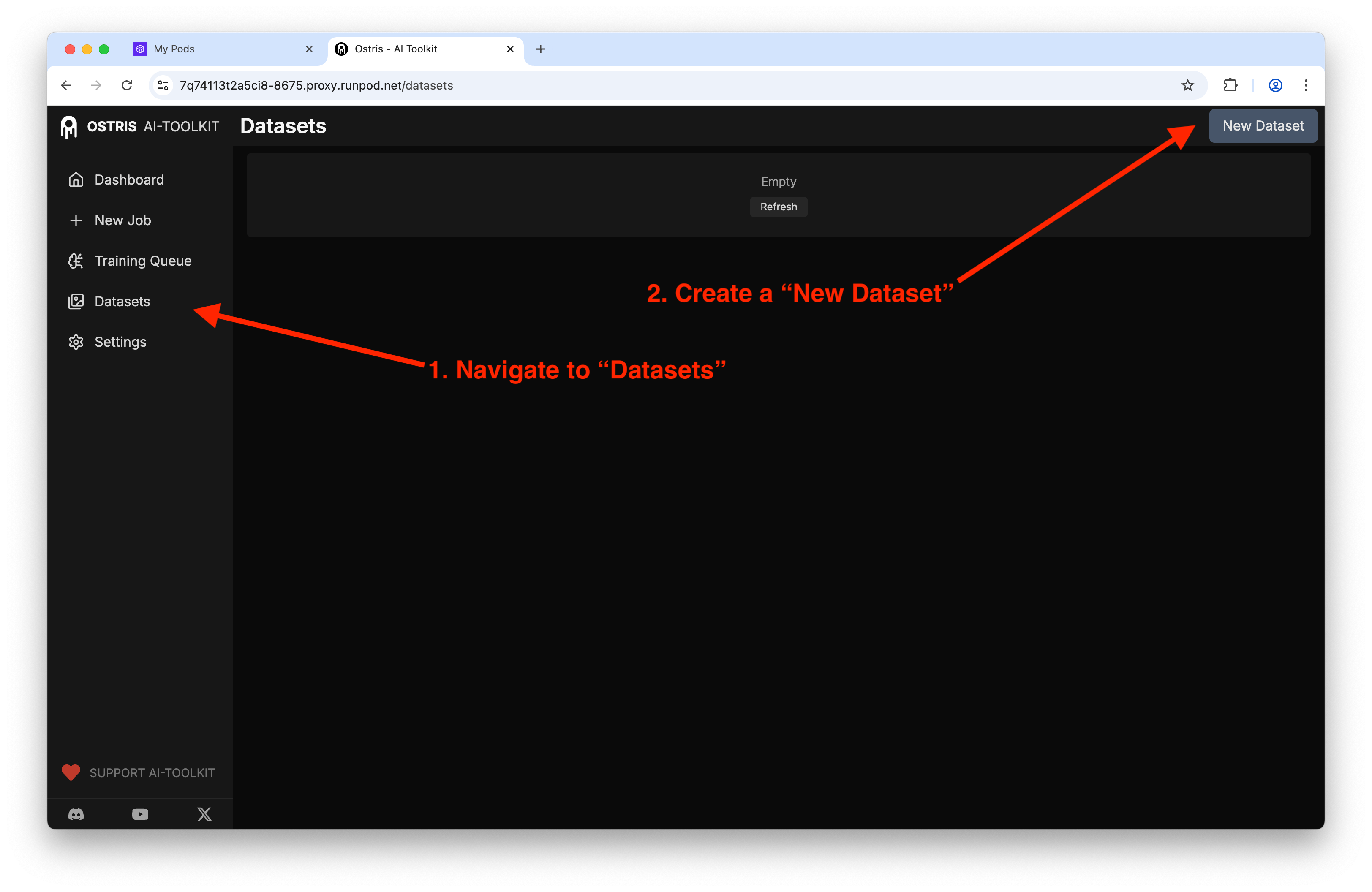 Dark-mode web UI 'OSTRIS AI-TOOLKIT' showing Datasets page with left sidebar (Dashboard, New Job, Training Queue, Datasets highlighted, Settings), main area saying 'Empty' and 'Refresh', and red annotated arrows labeled '1. Navigate to 