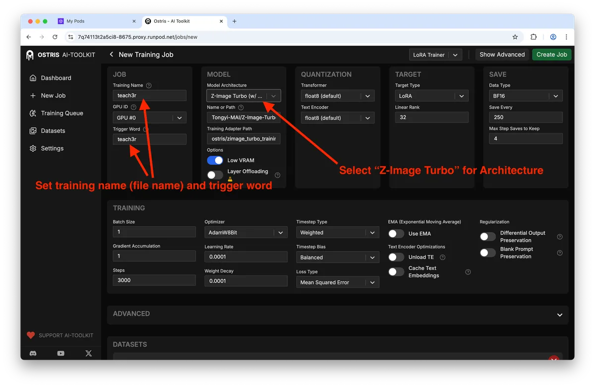 OSTRIS AI-TOOLKIT 'New Training Job' UI screenshot; red arrows highlight Training Name/Trigger 'teach3r' and Model Architecture dropdown set to 'Z-Image Turbo'. Fields show GPU #0, Steps 3000, Target LoRA.