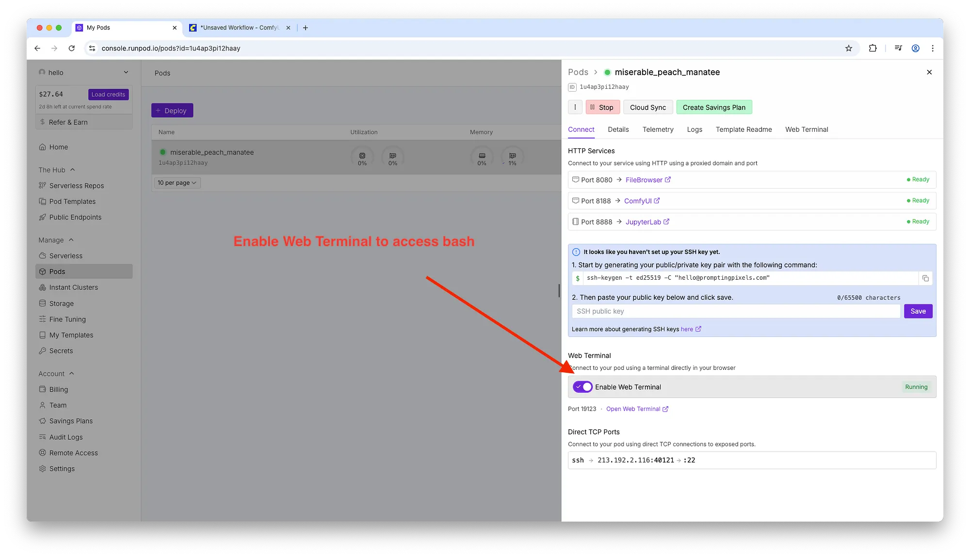 RunPod console for pod miserable_peach_manatee showing Connect tab with HTTP services (8080 FileBrowser, 8188 ComfyUI, 8888 JupyterLab), SSH key instructions, red text and arrow pointing to purple 'Enable Web Terminal' toggle labeled Running