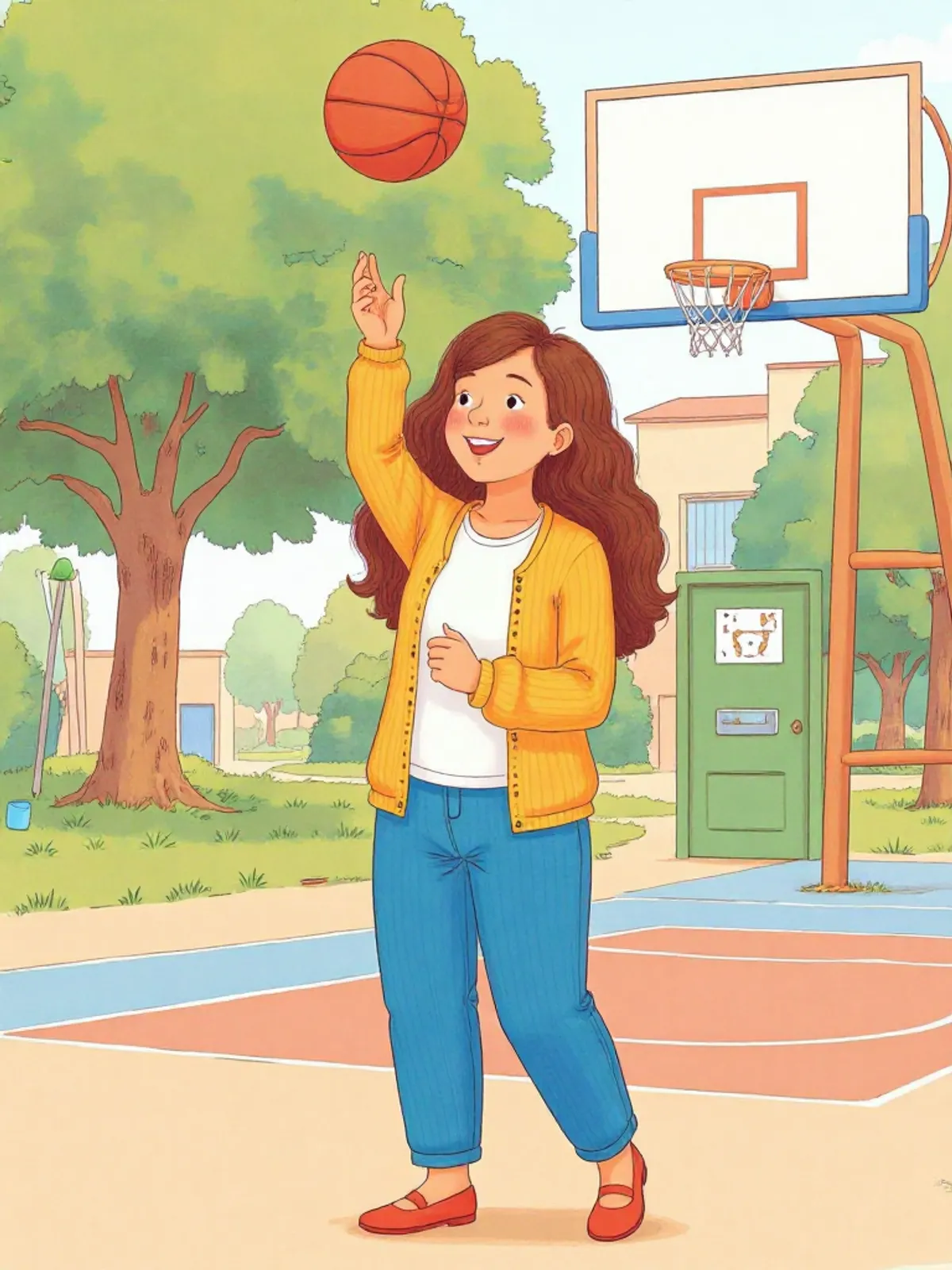 Smiling girl in a yellow cardigan and blue jeans tossing a basketball toward a hoop on an outdoor court with trees and a building in the background