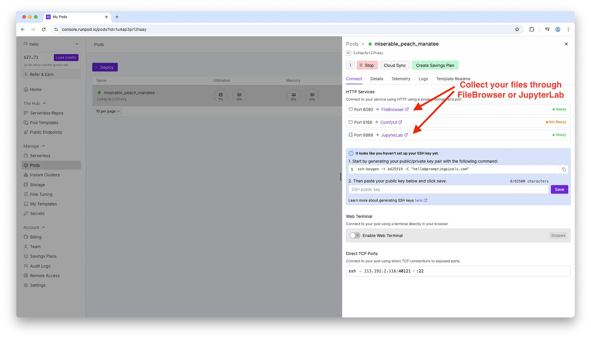 RunPod console showing pod 'miserable_peach_manatee' Connect view listing FileBrowser 8080, ComfyUI, JupyterLab 8888, SSH key box and red arrows.