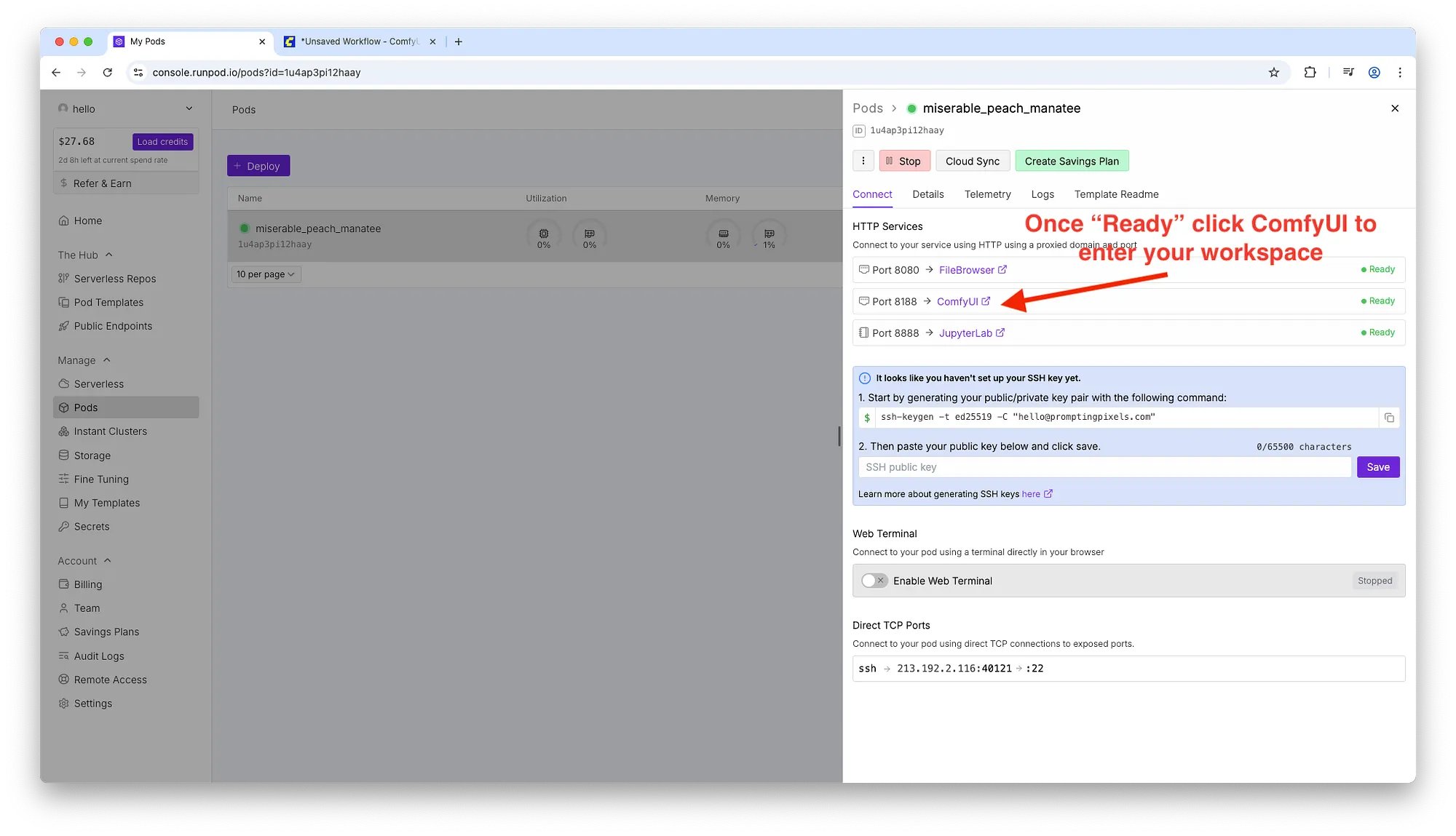 Browser console showing Pod 'miserable_peach_manatee' details with HTTP Services: Port 8080 FileBrowser, Port 8188 ComfyUI (red arrow note), Port 8888 JupyterLab, and SSH key setup box