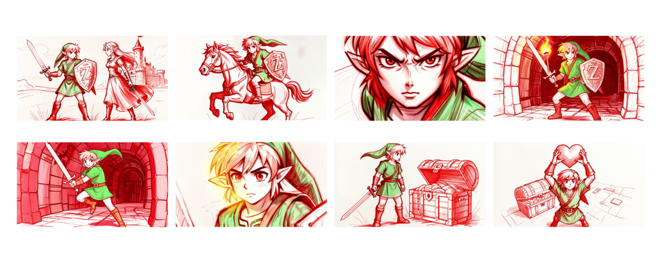 Nine red-ink sketch panels showing a green-tunic elf-like hero: sword and shield poses, horse and castle, dungeon corridors, treasure chests, close-up face and holding a heart.