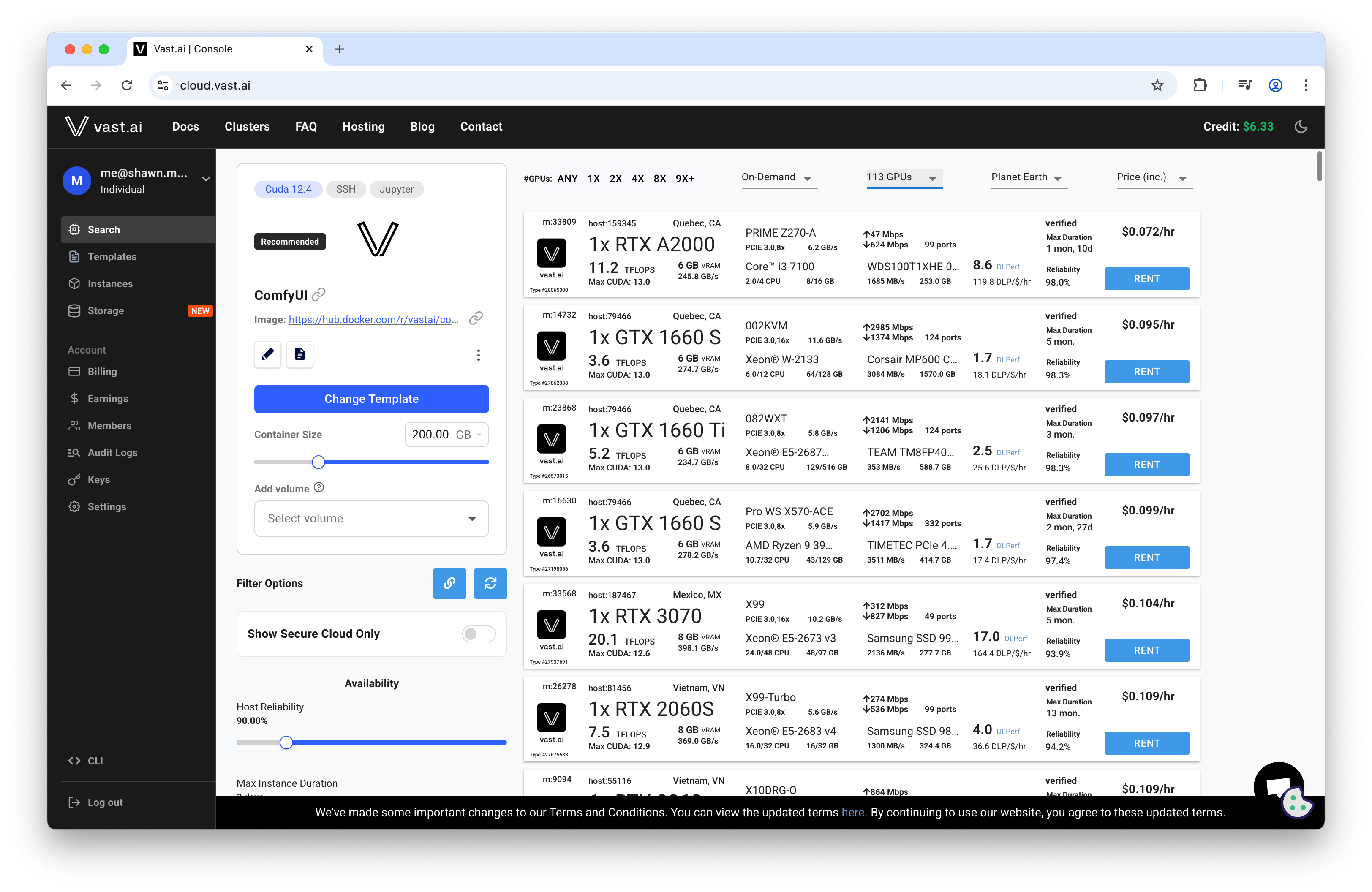 Vast.ai web UI screenshot: left sidebar and ComfyUI template panel with 200 GB slider; right column lists rentable GPU hosts (RTX A2000, GTX 1660, RTX 3070) and Rent buttons.