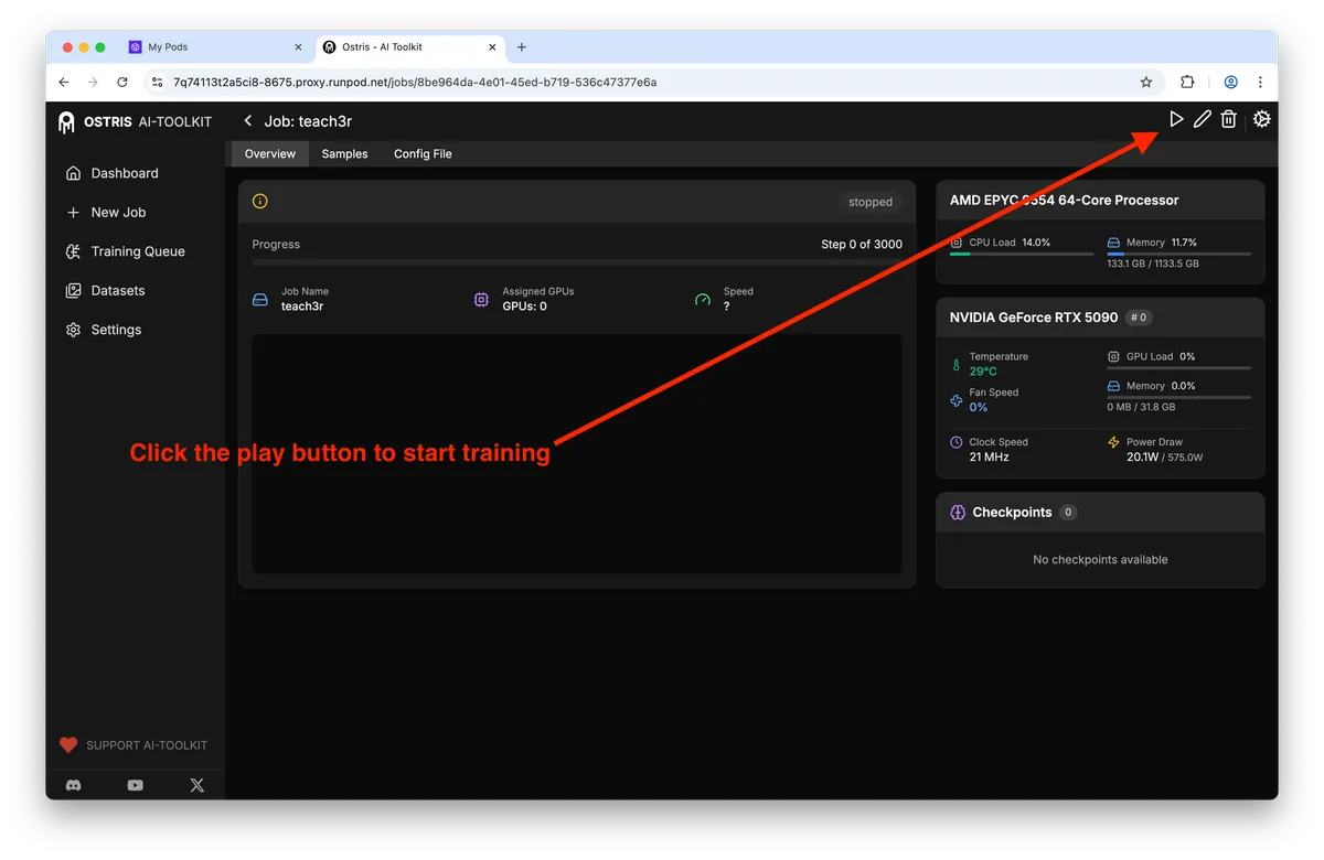 Dark OSTRIS AI-Toolkit view for 'teach3r' showing progress and GPU/CPU stats; red arrow and text 'Click the play button to start training' point to the play icon top-right.