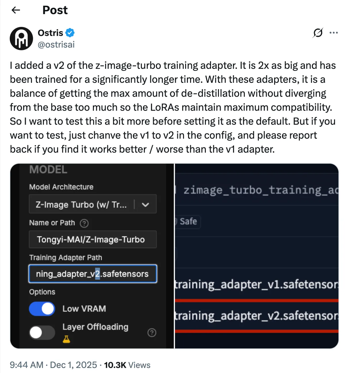 Screenshot of a tweet about a v2 z-image-turbo training adapter above a split image: left shows model settings selecting Z-Image Turbo and training_adapter_v2.safetensors with Low VRAM on; right shows config lines highlighting training_adapter_v1.safetensors and training_adapter_v2.safetensors