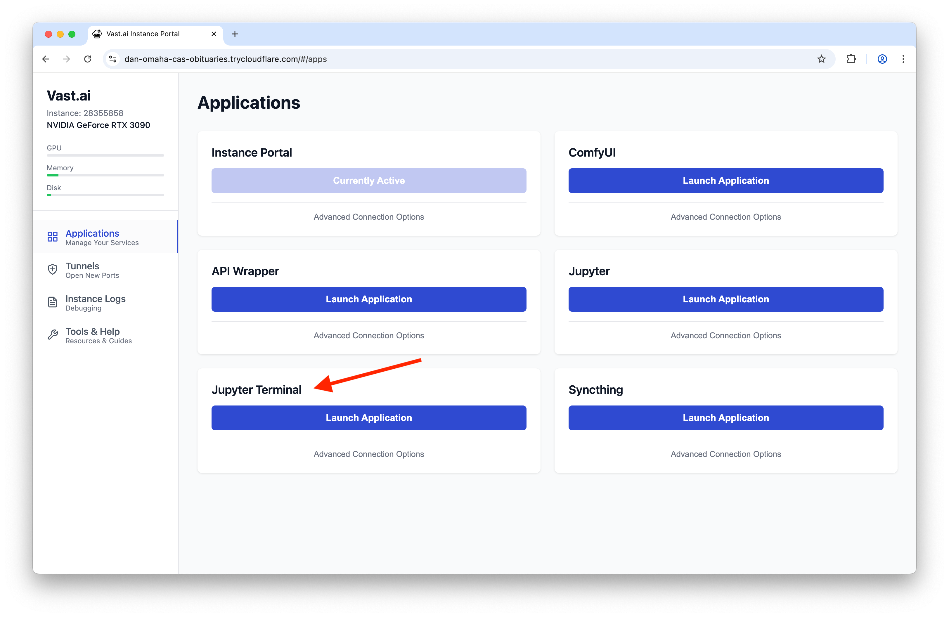 Vast.ai Applications dashboard with tiles and blue 'Launch Application' buttons; a red arrow points to the 'Jupyter Terminal' tile.