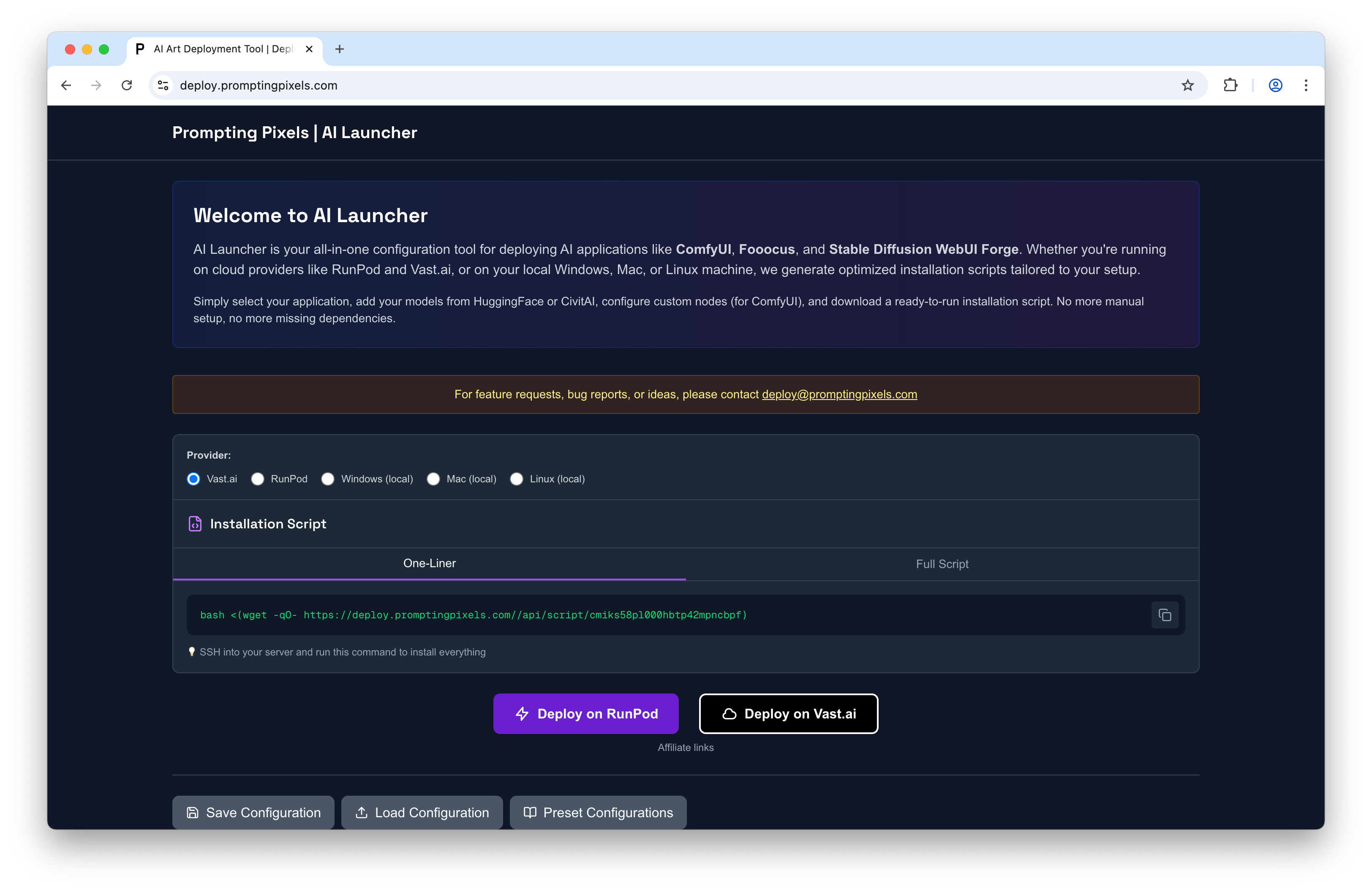 Prompting Pixels AI Launcher web page showing a welcome panel, provider radios (Vast.ai selected), a bash wget installation one-liner, purple 'Deploy on RunPod' and black 'Deploy on Vast.ai' buttons, and save/load/preset configuration buttons; contact email deploy@promptingpixels.com visible.