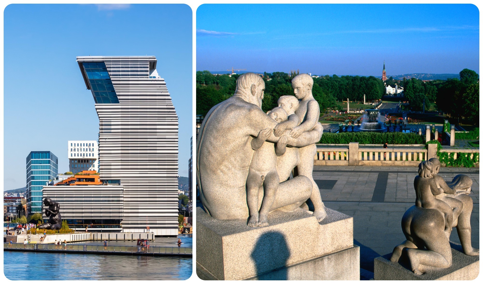The Munch Museum (left) and the view from the Vigeland sculpture garden in Oslo, Norway/Getty Images