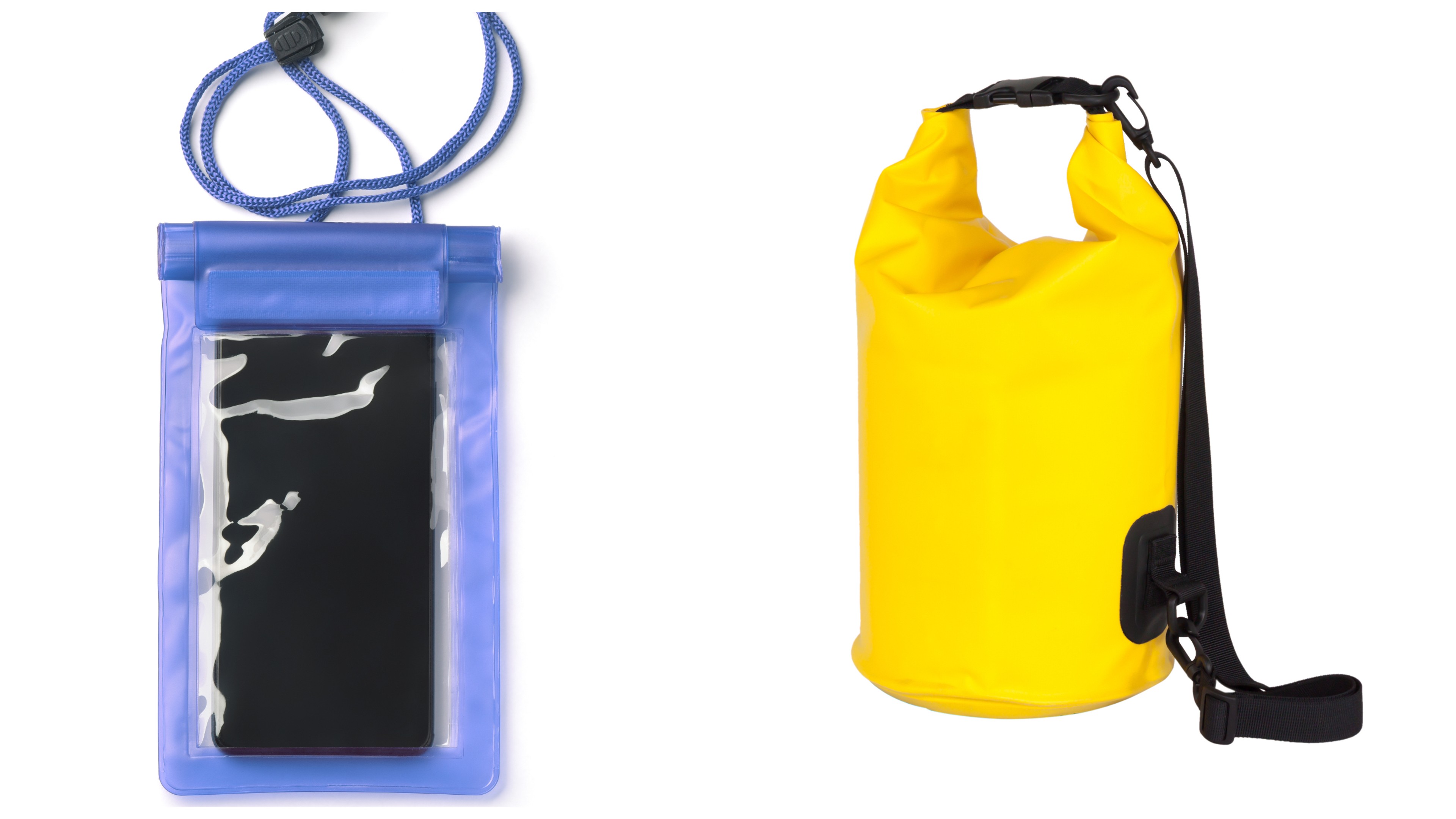 A pouch for your smartphone, left, protects it from water and sand; a dry bag can protect cameras and lenses from the same./Shutterstock