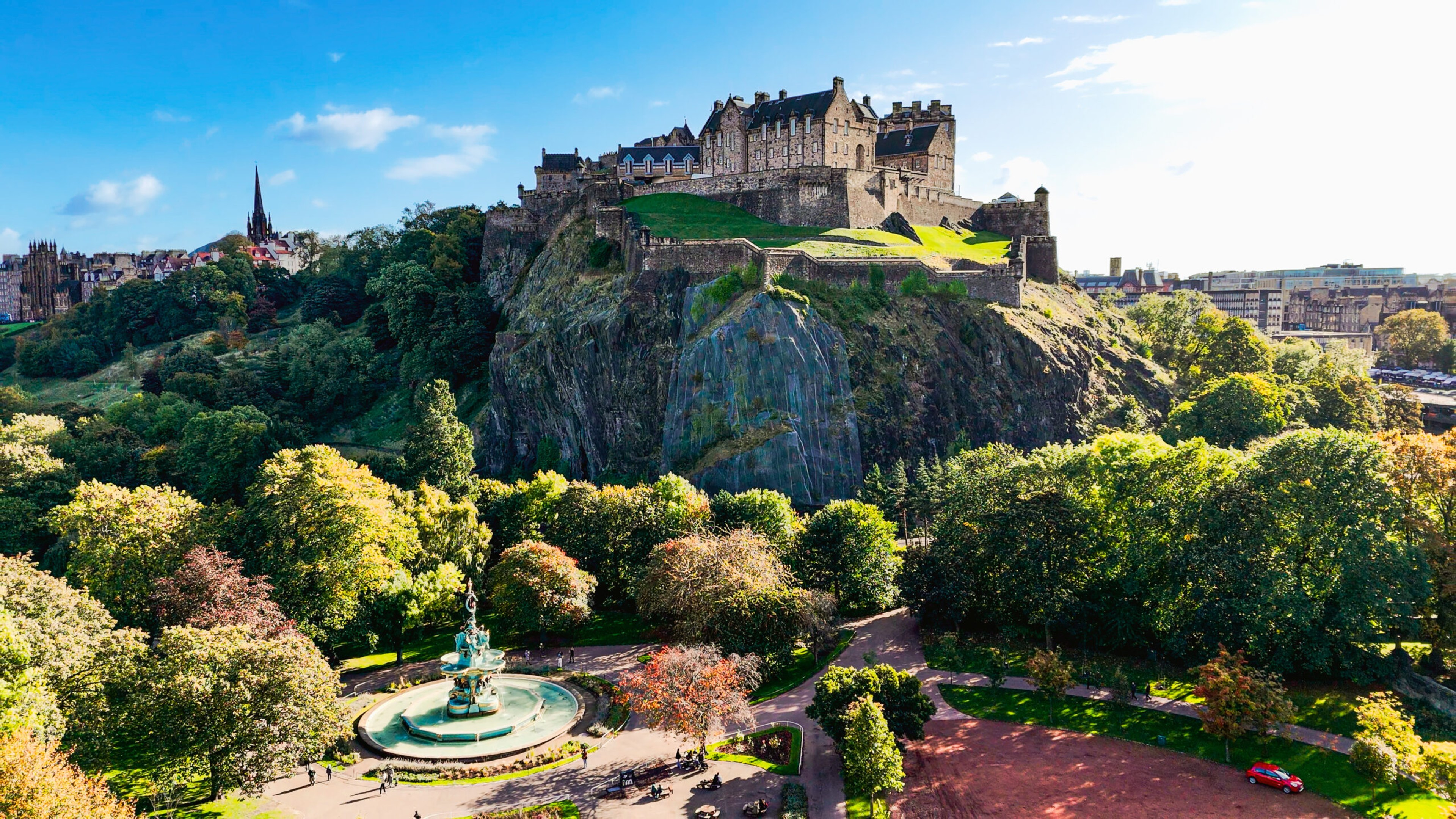 Aerial view of Edinburgh Princes Street Gardens, in Scotland.