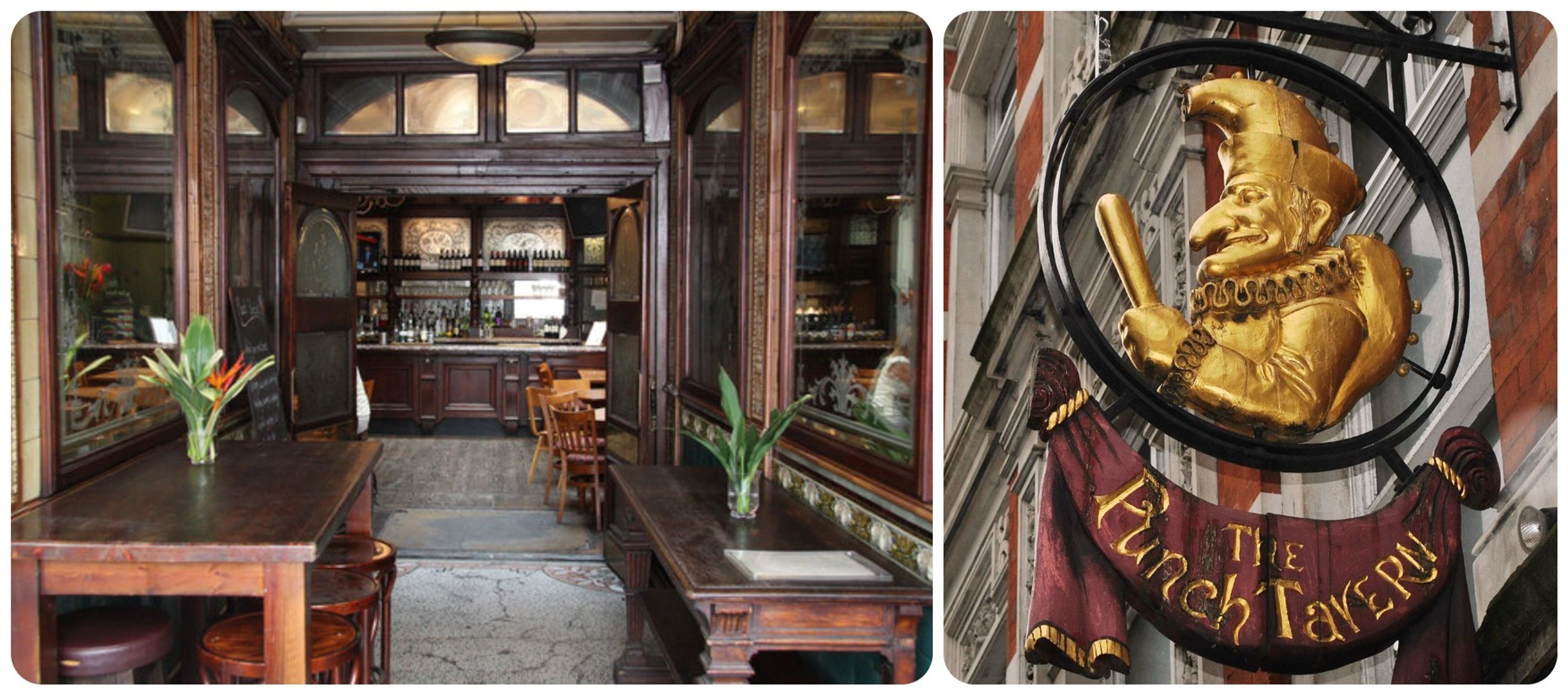 The entrance to the Punch Tavern and the sign above the door./Wikimedia Commons photos by Elisa.Rolle (right) and Richard Croft.