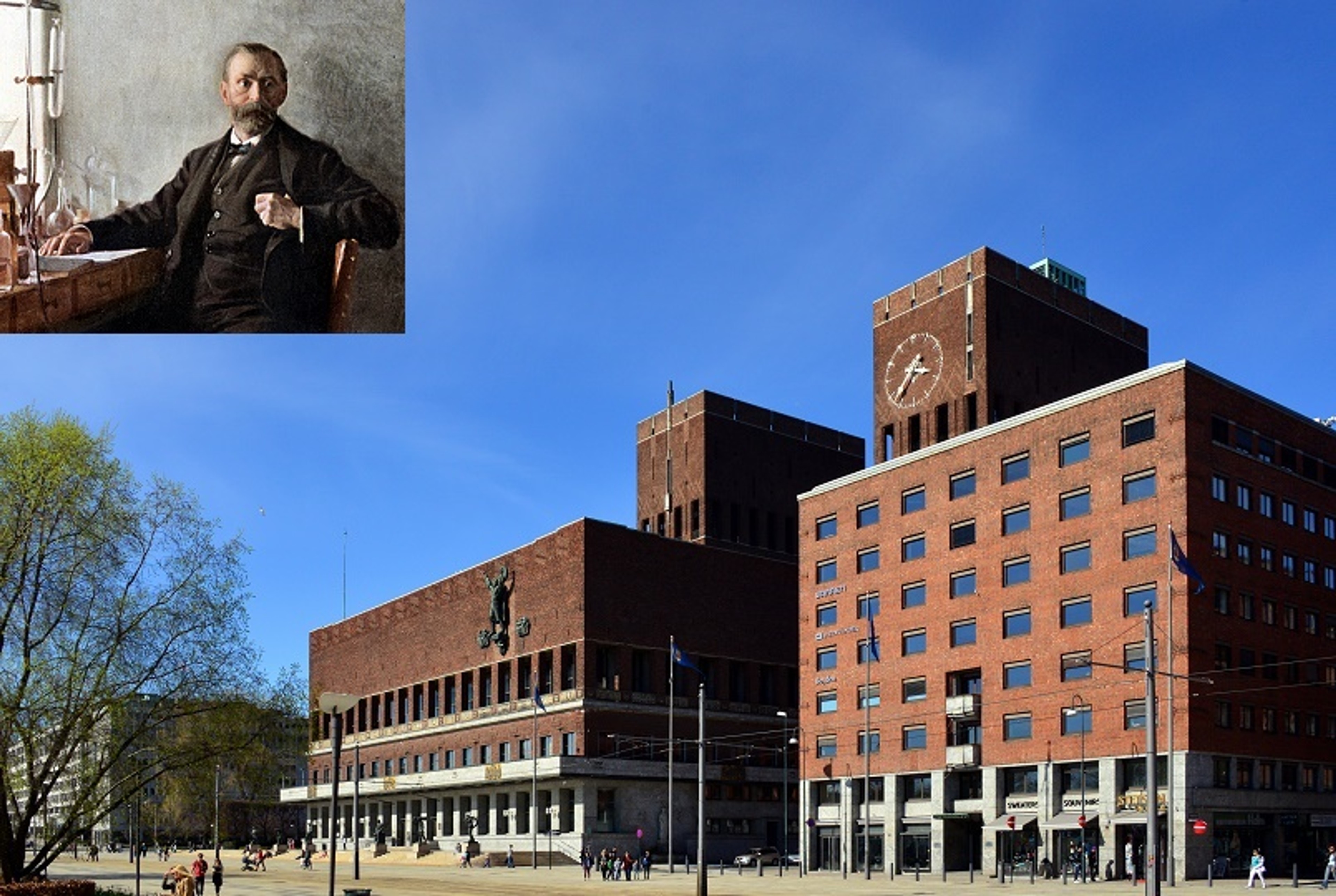 Oslo City Hall is in the center of this Norwegian city. This is where the Nobel Prize, named for Alfred Nobel (upper left), is awarded.