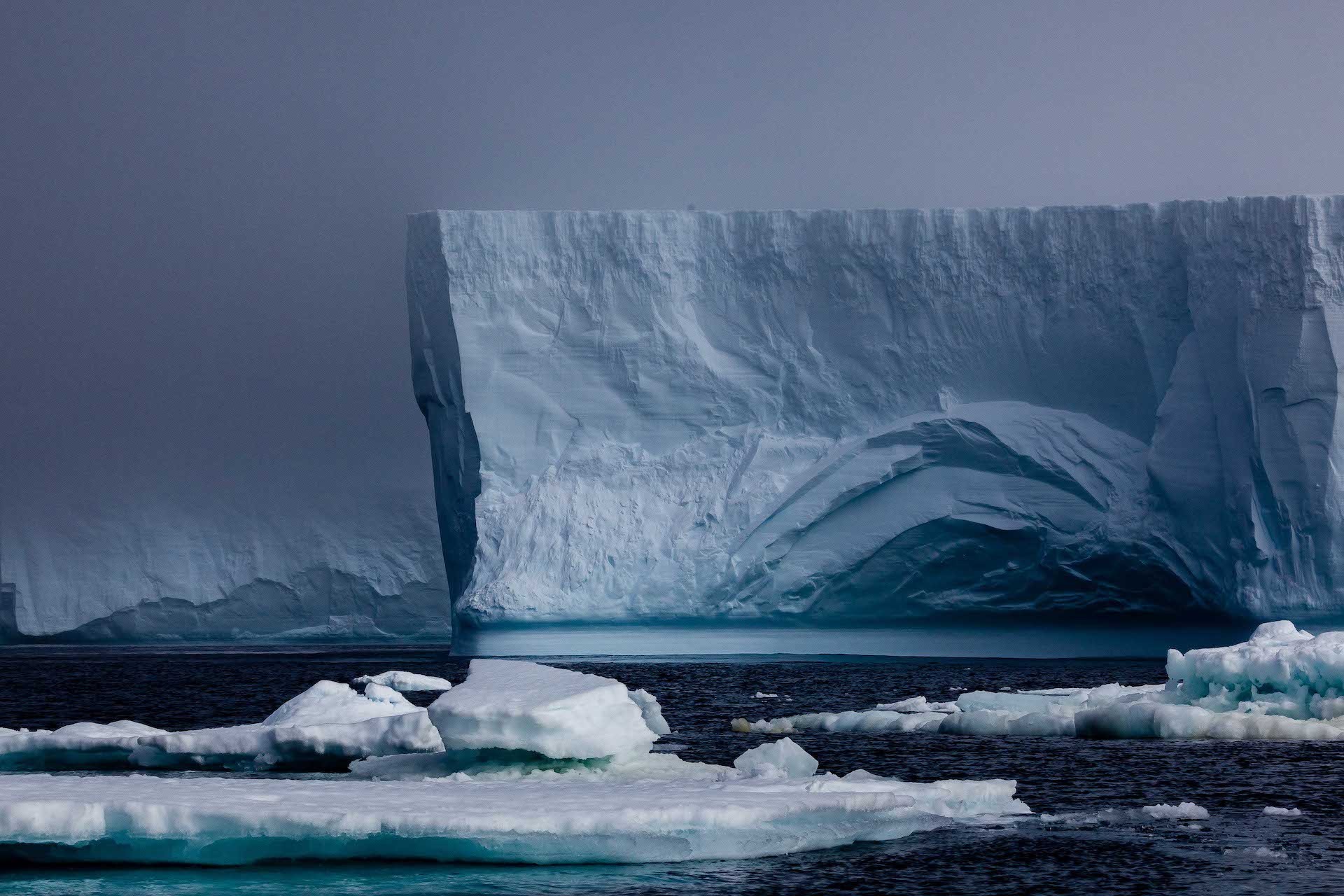 In the Antarctic Sound, a massive tabular iceberg seen in the background contrasts significantly with the thinner sea ice in the foreground/David Jaffe