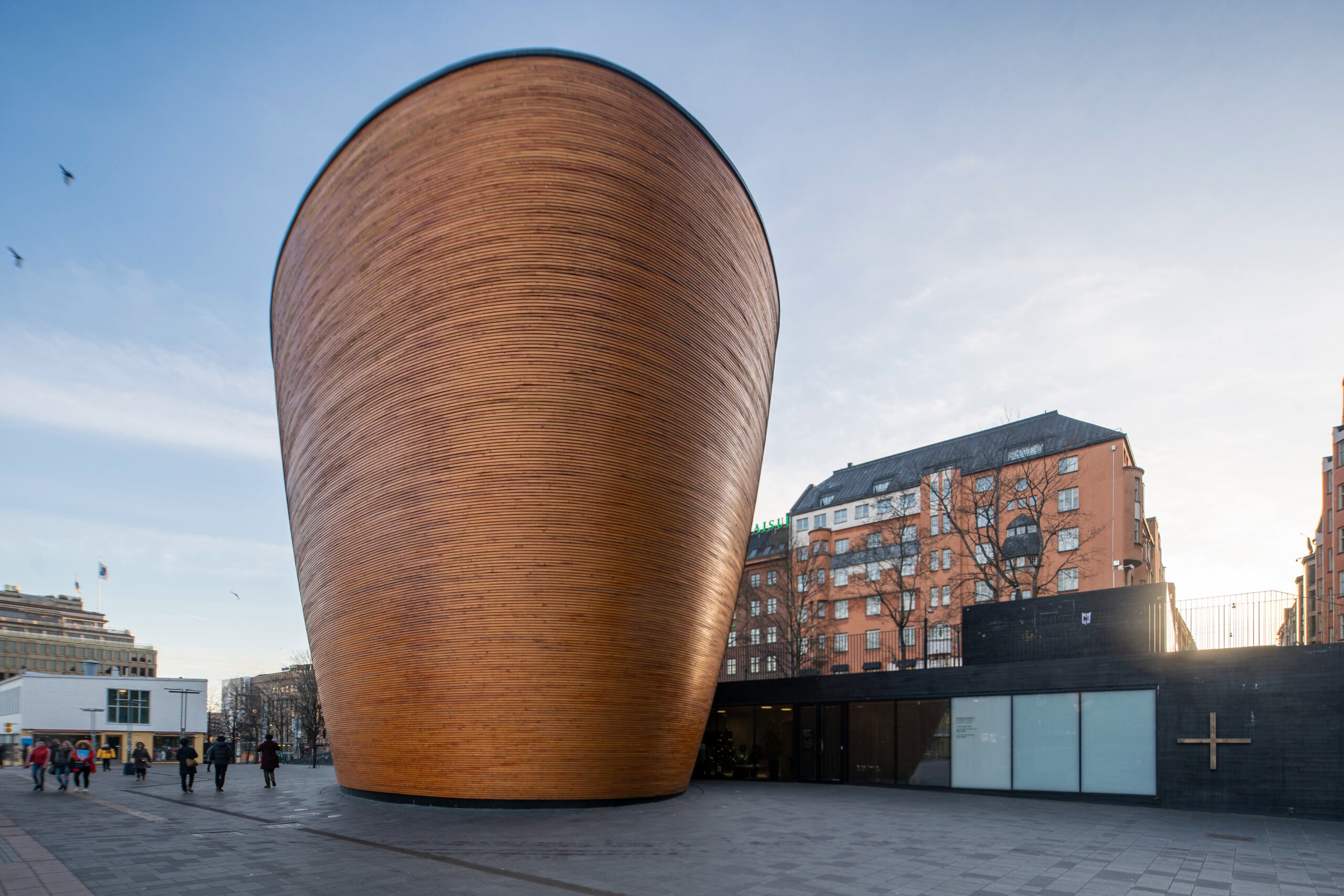 Kamppi Chapel of Silence in downtown Helsinki looks like a giant wooden barrel. It does not have formal services but is designed to be a place of quiet contemplation./Getty Images