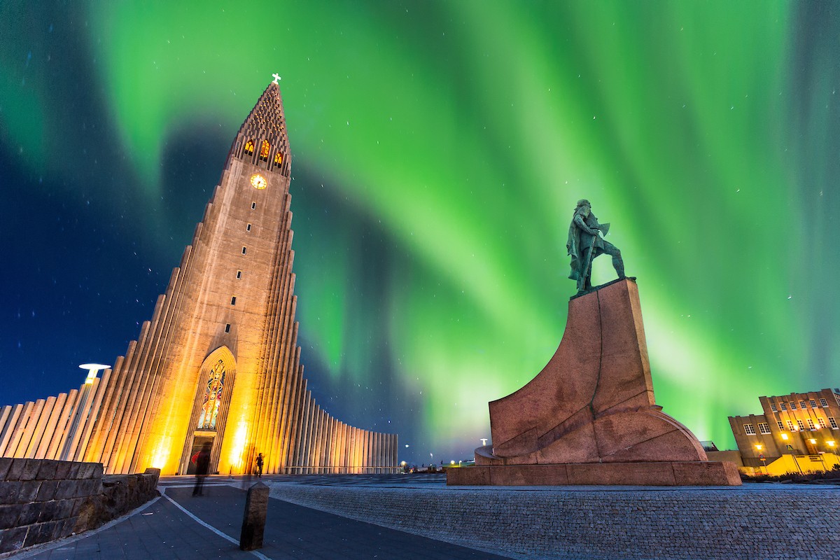 A larger-than-life statue of Norse explorer Leif Ericsson stands guard in front of Hallgrímskirkja, Reykjavík's avant-garde cathedral./Shutterstock