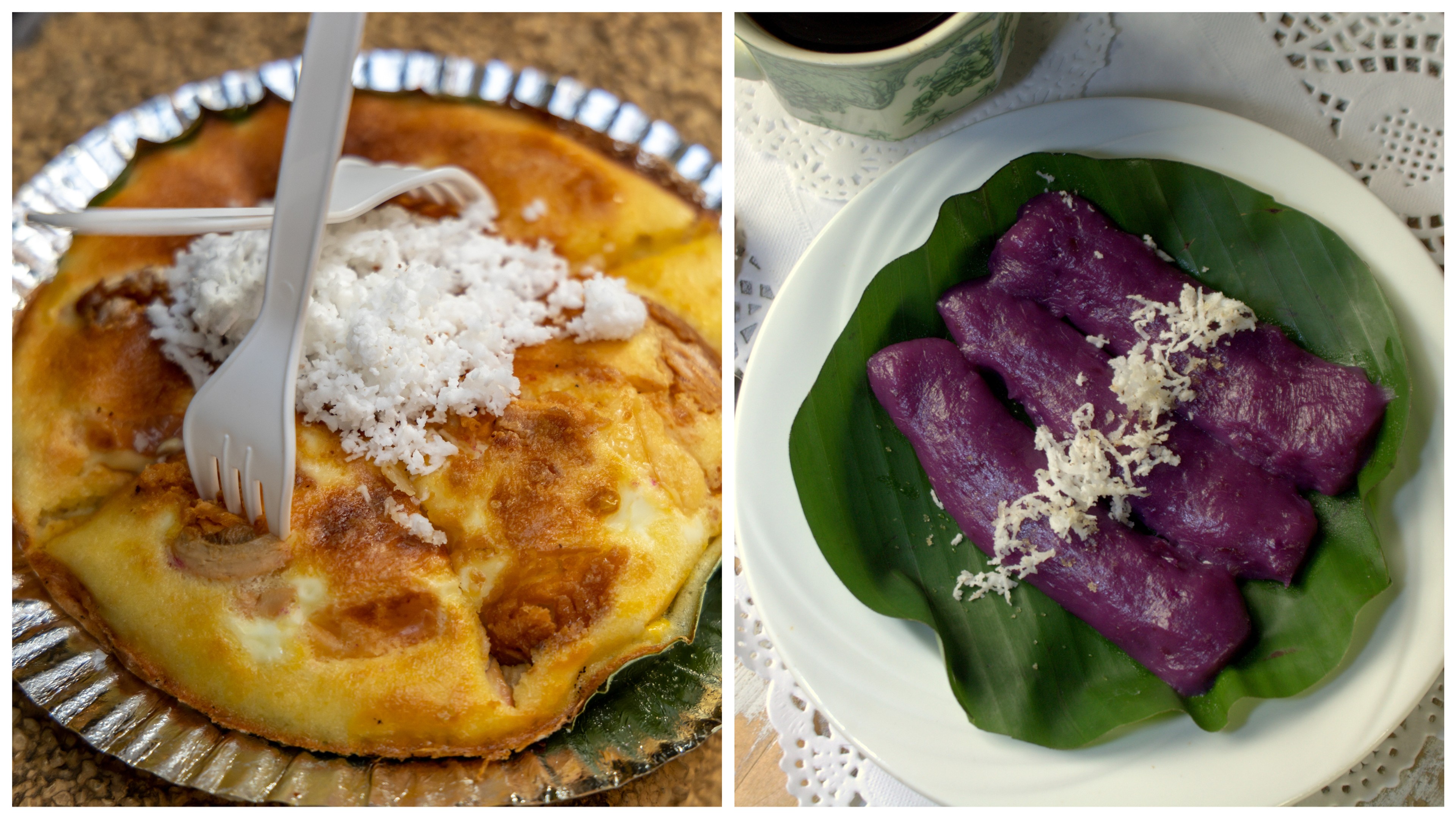Bibingka, fluffy and buttery (left) and puto bumbong, purple sticky rice fingers, are among treats after an early Mass in the Philippines./Shutterstock