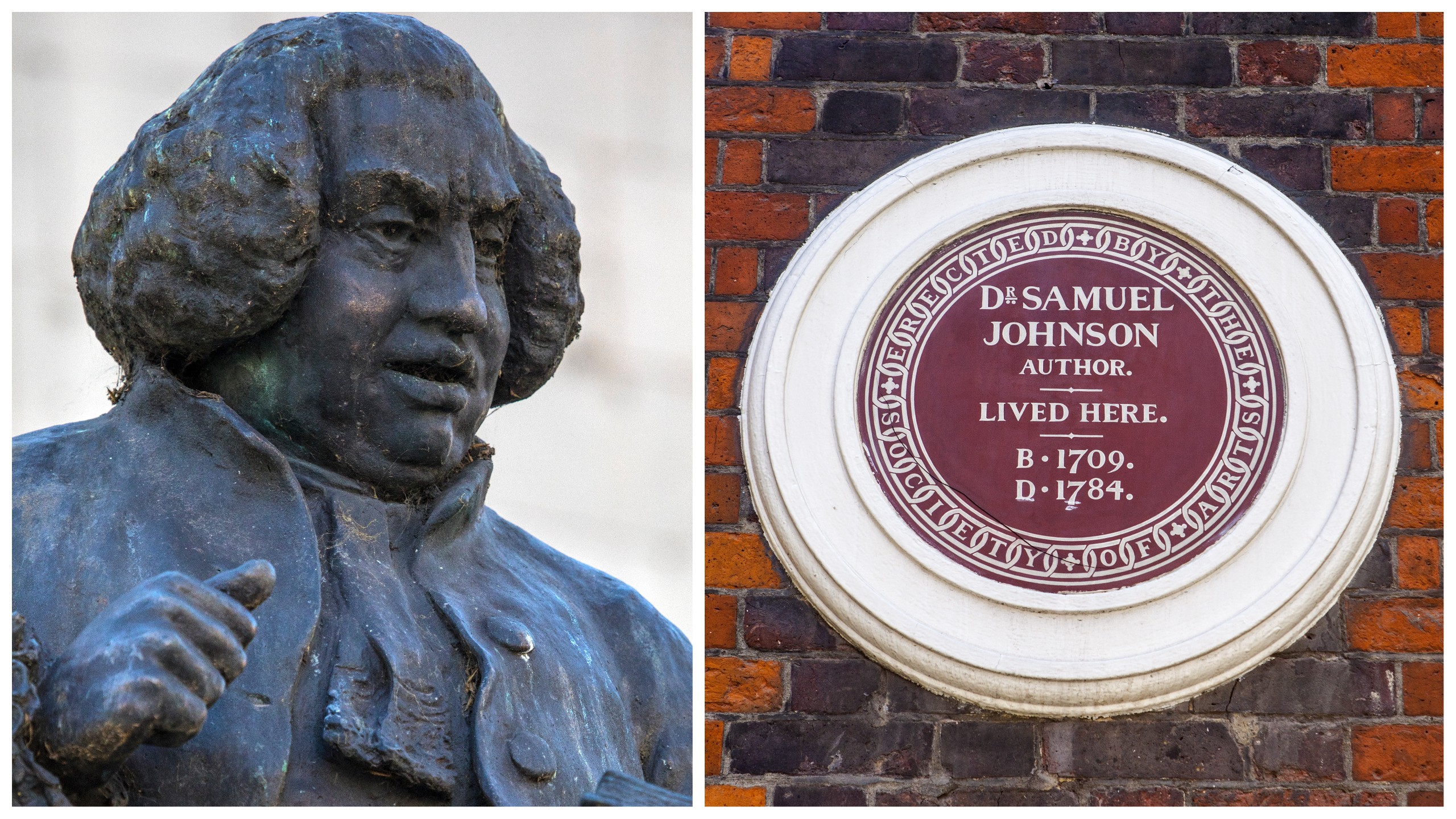 Dr. Samuel E. Johnson and the plaque that adorns his house in Gough Square./Shutterstock