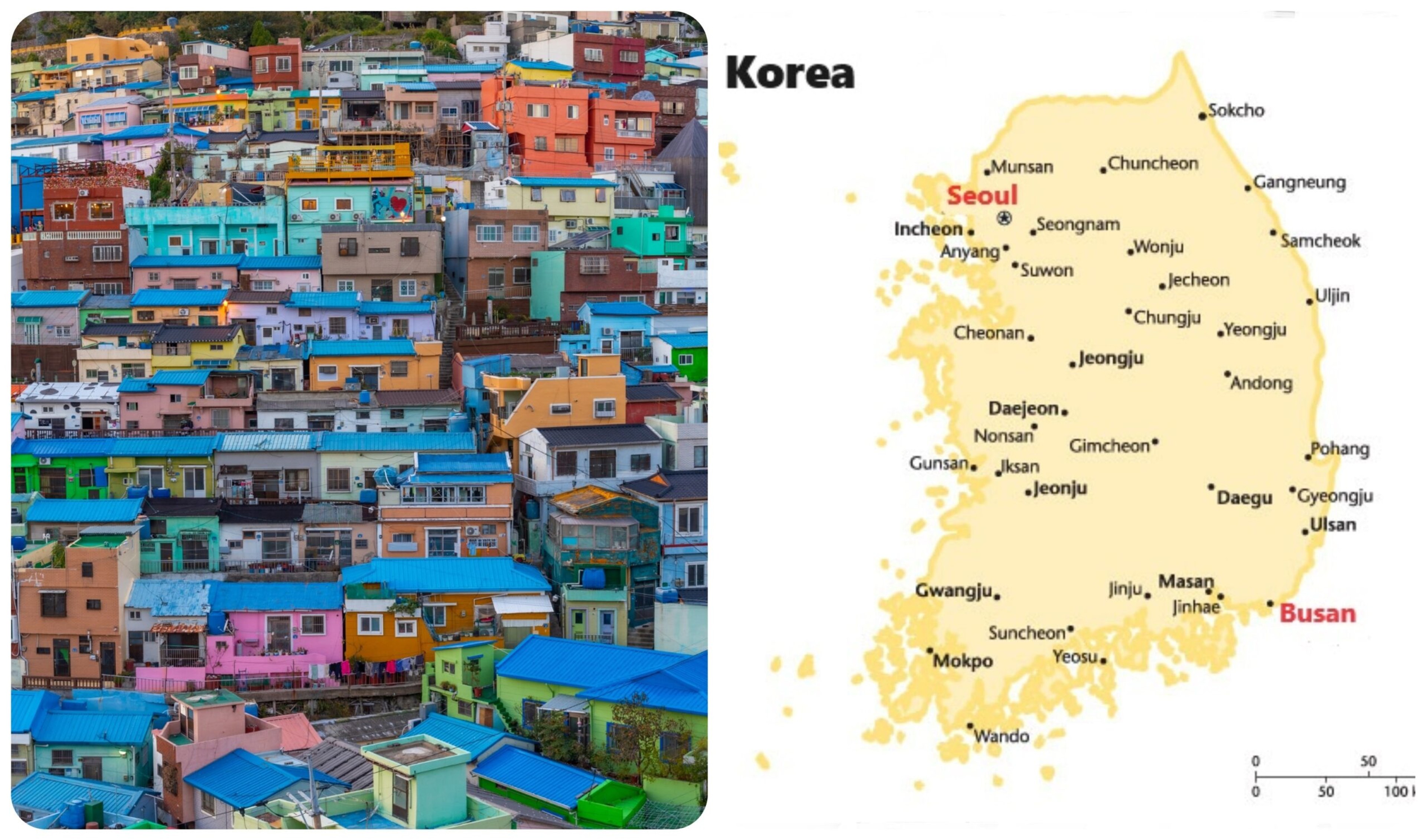 The colorful hills of Gamcheon, about eight miles from Busan's city center./Photo and map by Shutterstock