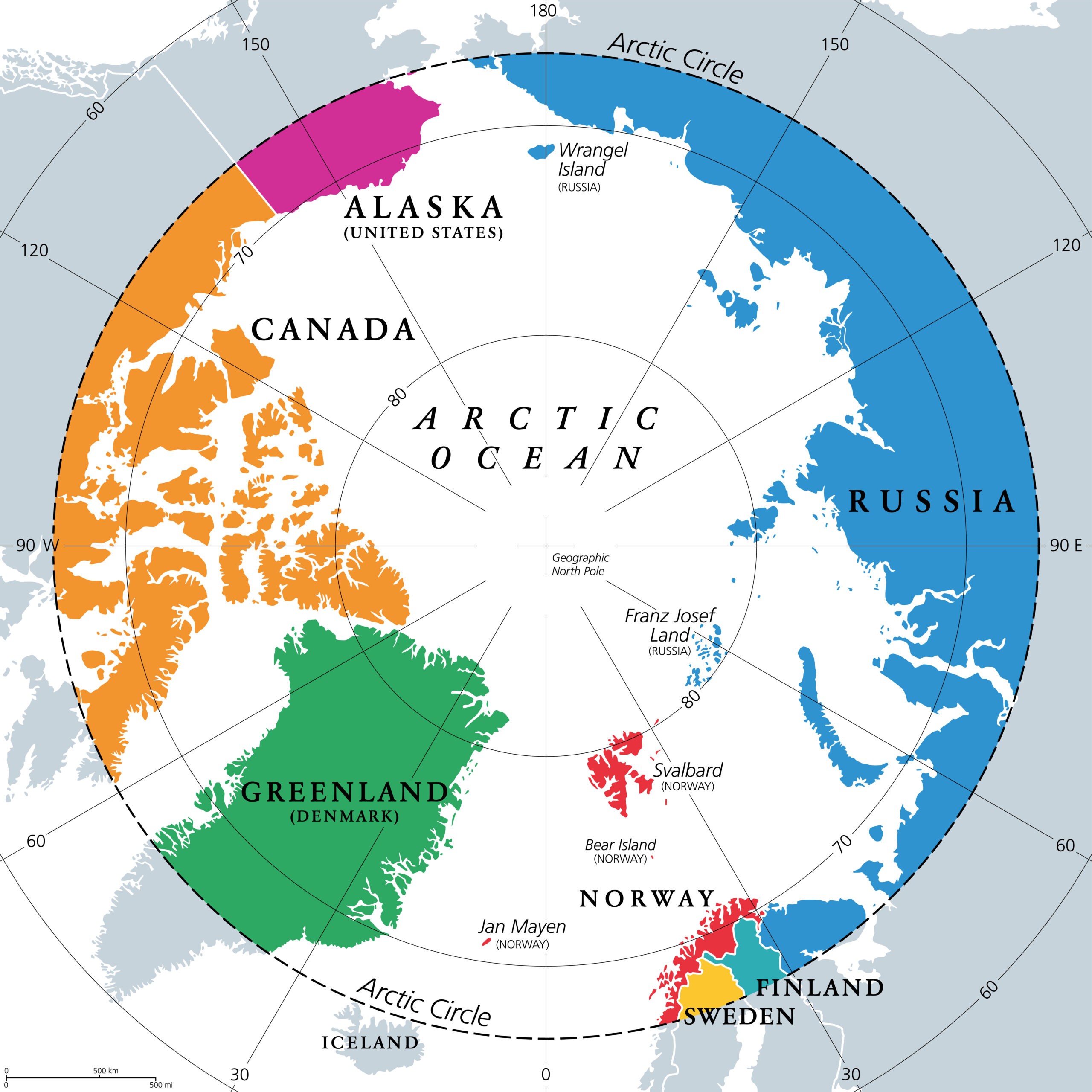Countries within the Arctic Circle, political map:Alaska (U.S.), Canada, Finland, Greenland (Denmark), Norway, Sweden and Russia./Getty Images