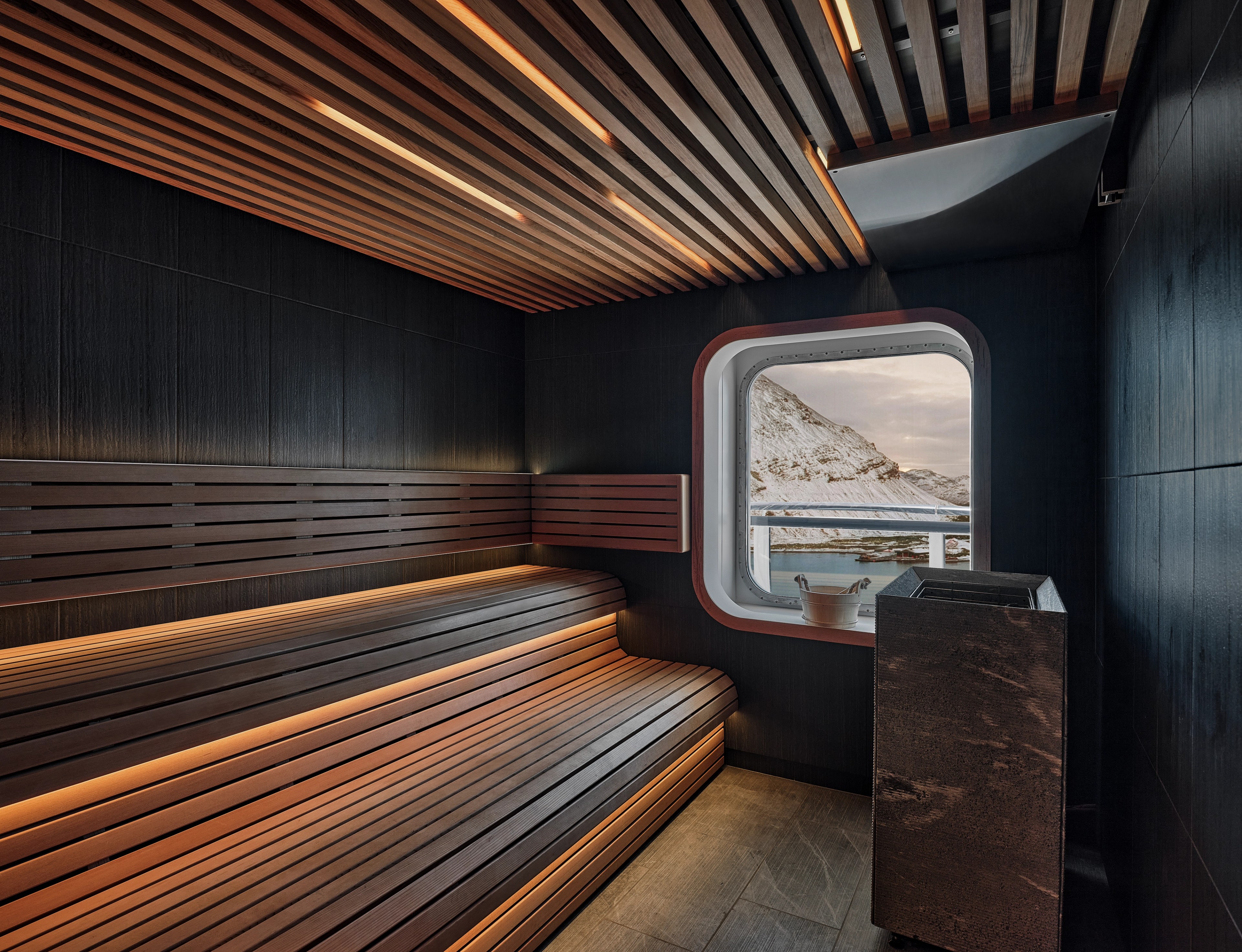 Chilled after a day of exploring Antarctica? Welcome to the Sauna Otium Spa on Silver Endeavour./Silversea