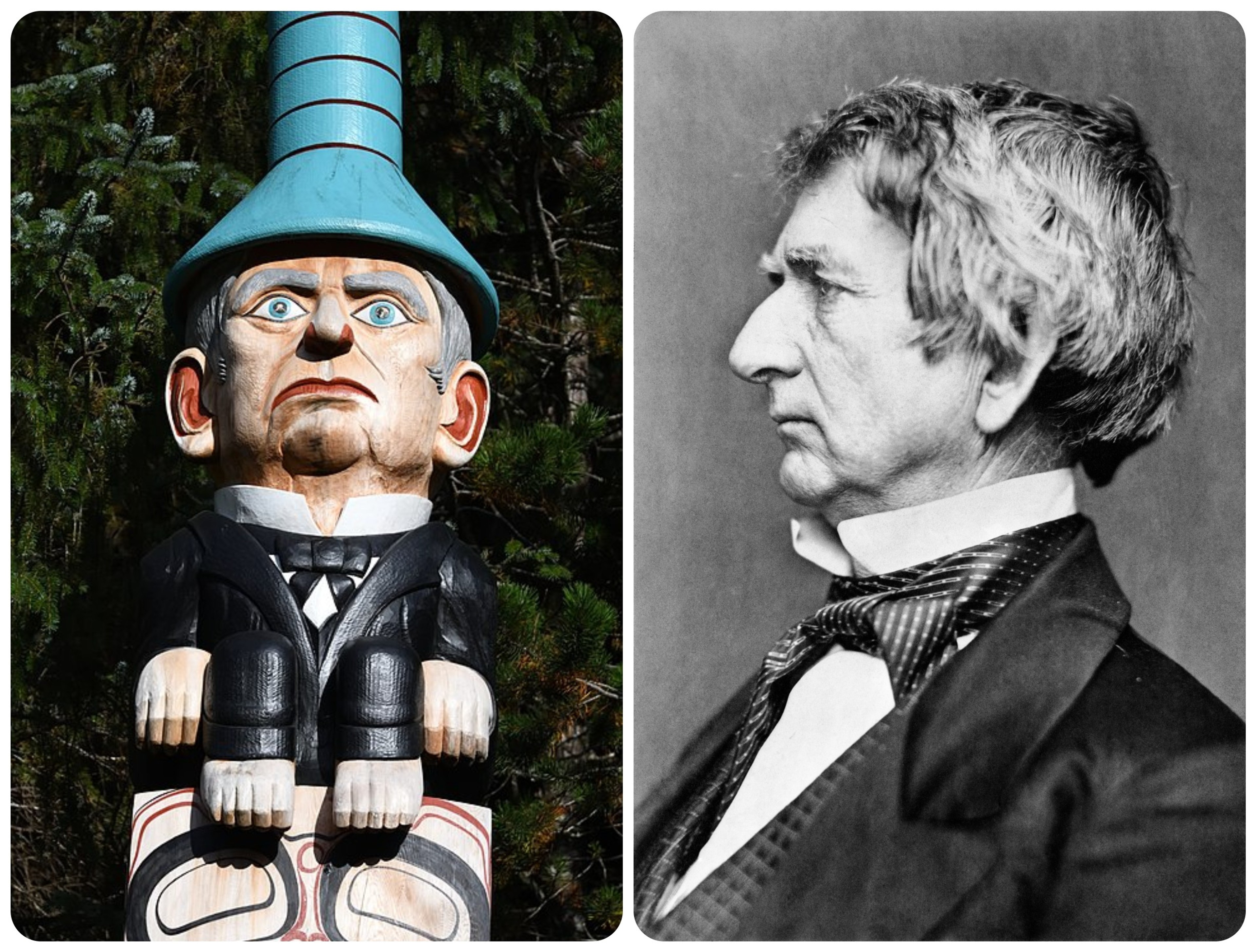 Secretary of State William Seward in a restored portrait and the replacement carving of Seward by Stephen Jackson/Wikimedia Commons portait; Wikimedia Commons pole photo by Lrittinger.