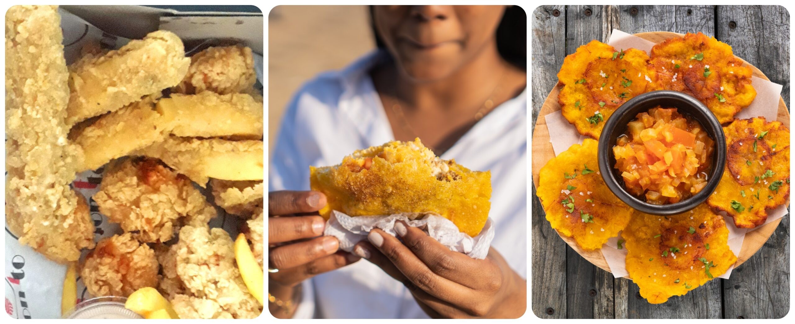 Popular foods of Cartegena, from left: Dedos de queso (cheese finges); arepas; and patacones (fried plantains). Photo at left by Wikimedia Commons by JosueHoracio; center and right, Getty Images