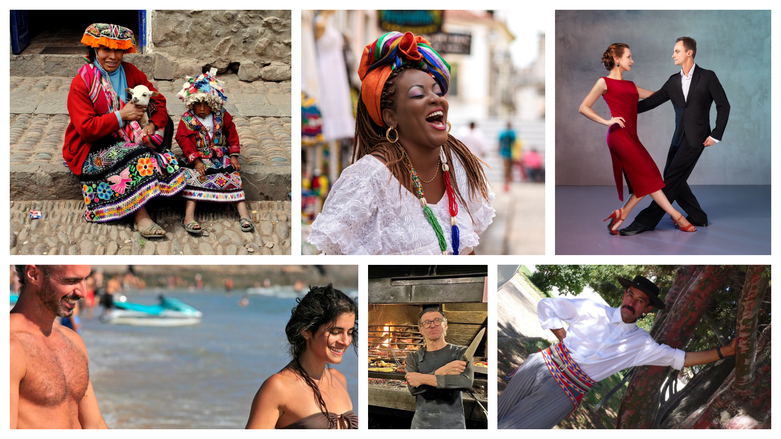 Clockwise from upper left: A Peruvian woman and child/Wikimedia Commons; a woman celebrating in Brazil/Shutterstock; a couple dancing tango in Buenos Aires/Shutterstock; a couple at the beach in Punta del Este, Uruguay/Wikimedia Commons by Alex Proimos; a chef at a Montevideo, Uruguay, steakhouse/Eric Lucas for Silversea; and a gaucho in Neuquén, Argentina/Wikimedia Commons by Paloma Baytelman.