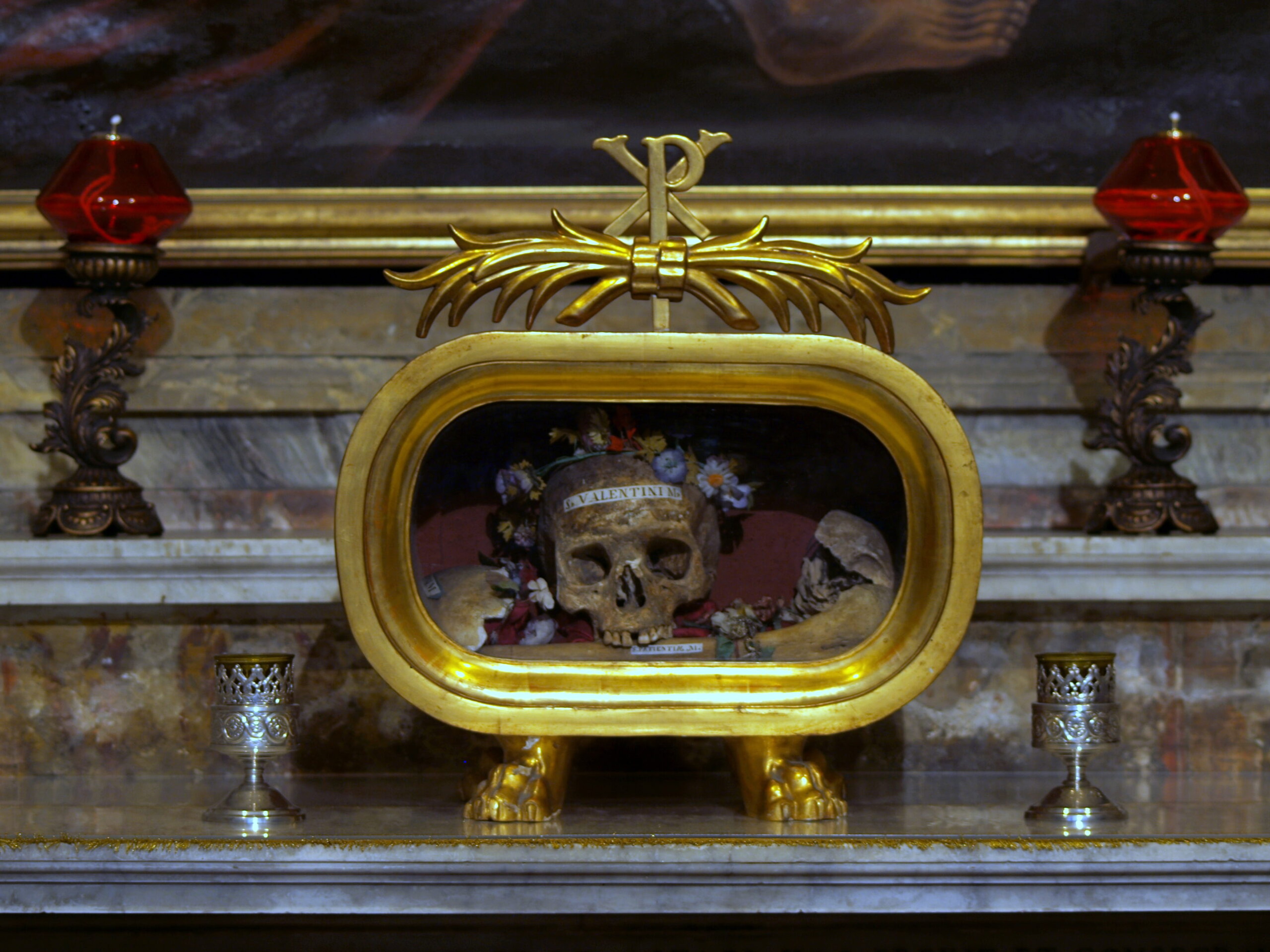 The skull of St. Valentine in Santa Maria in Cosmedin/Wikimedia Commons photo by Alfvan Beem