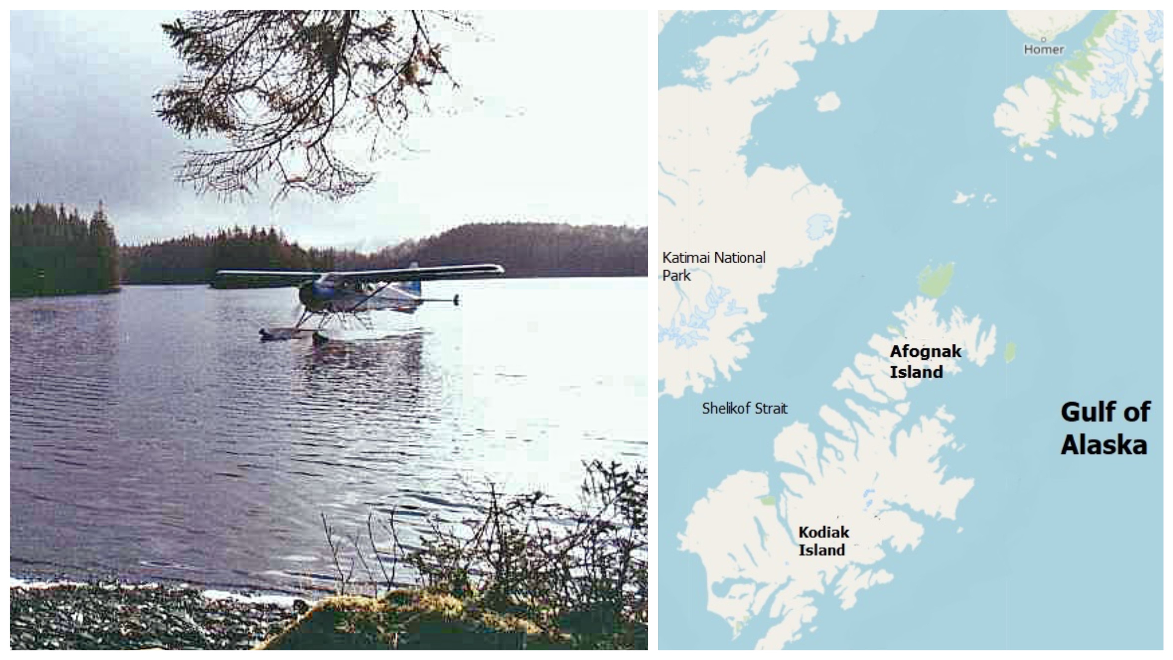 Lake Laura (left) on the north end of Afognak Island, Alaska./Photo Alaska Department of Natural Resources/Map Open Street Maps/Licensed under the Open Data Commons Open Database License by the OpenStreetMap Foundation