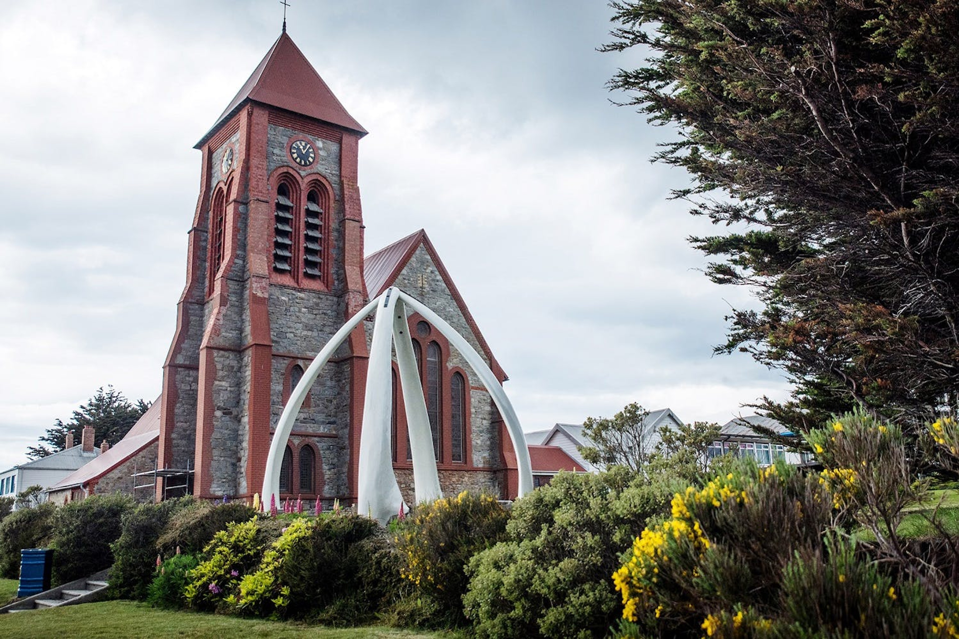 Whale bones can be seen outside Stanley's Christ Church Cathedral./Denis Elterman