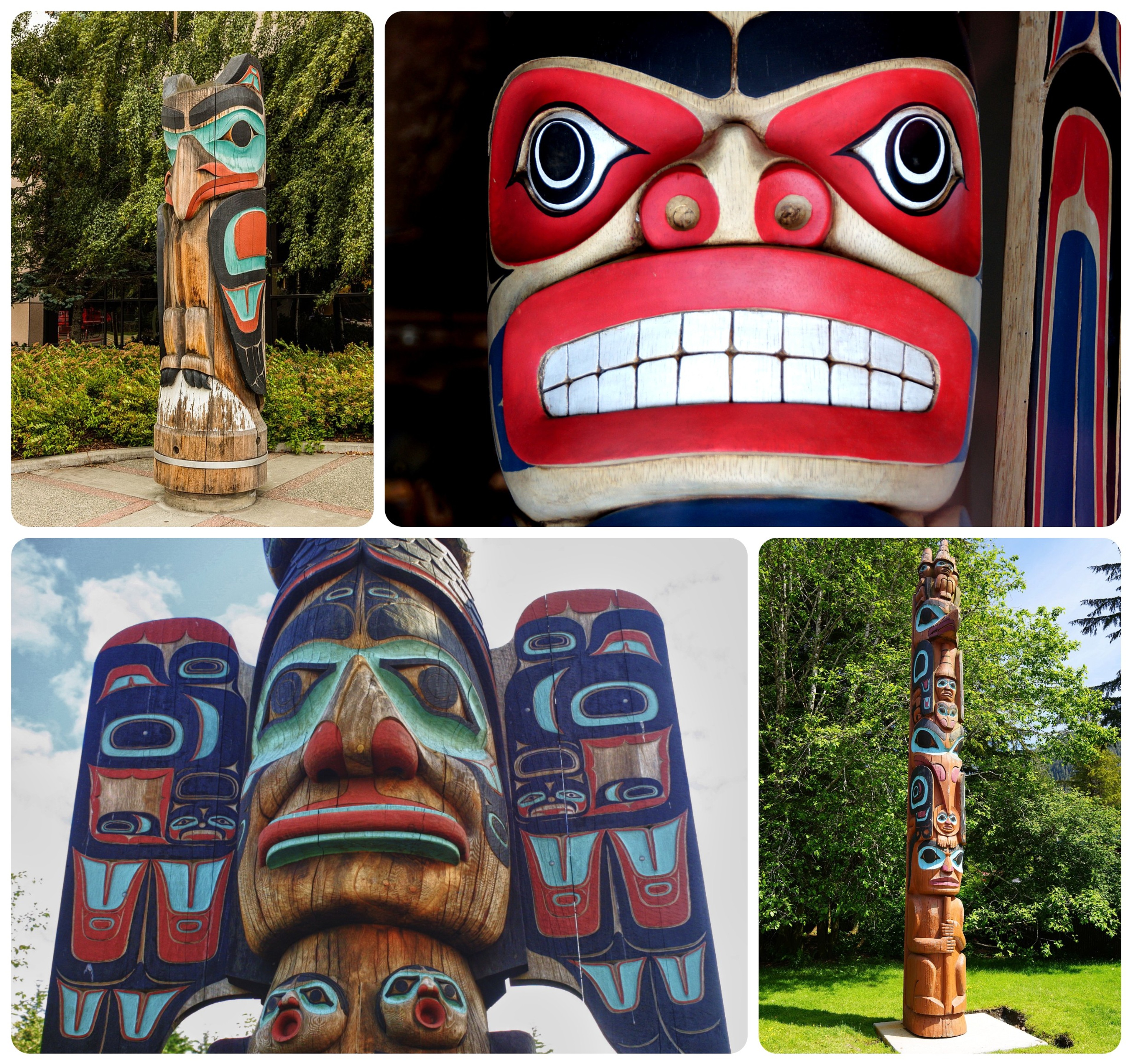 You'll find totems throughout Alaska and the Pacific North. Clockwise from upper left: Anchorage, Wikimedia Commons photo by Diego Delso; Skagway, Wikimedia Commons photo by Bernard Spragg. NZ; Ketchikan, Wikimedia Commons photo by Richard N Horne; and Ketchikan, photo by Getty Images.