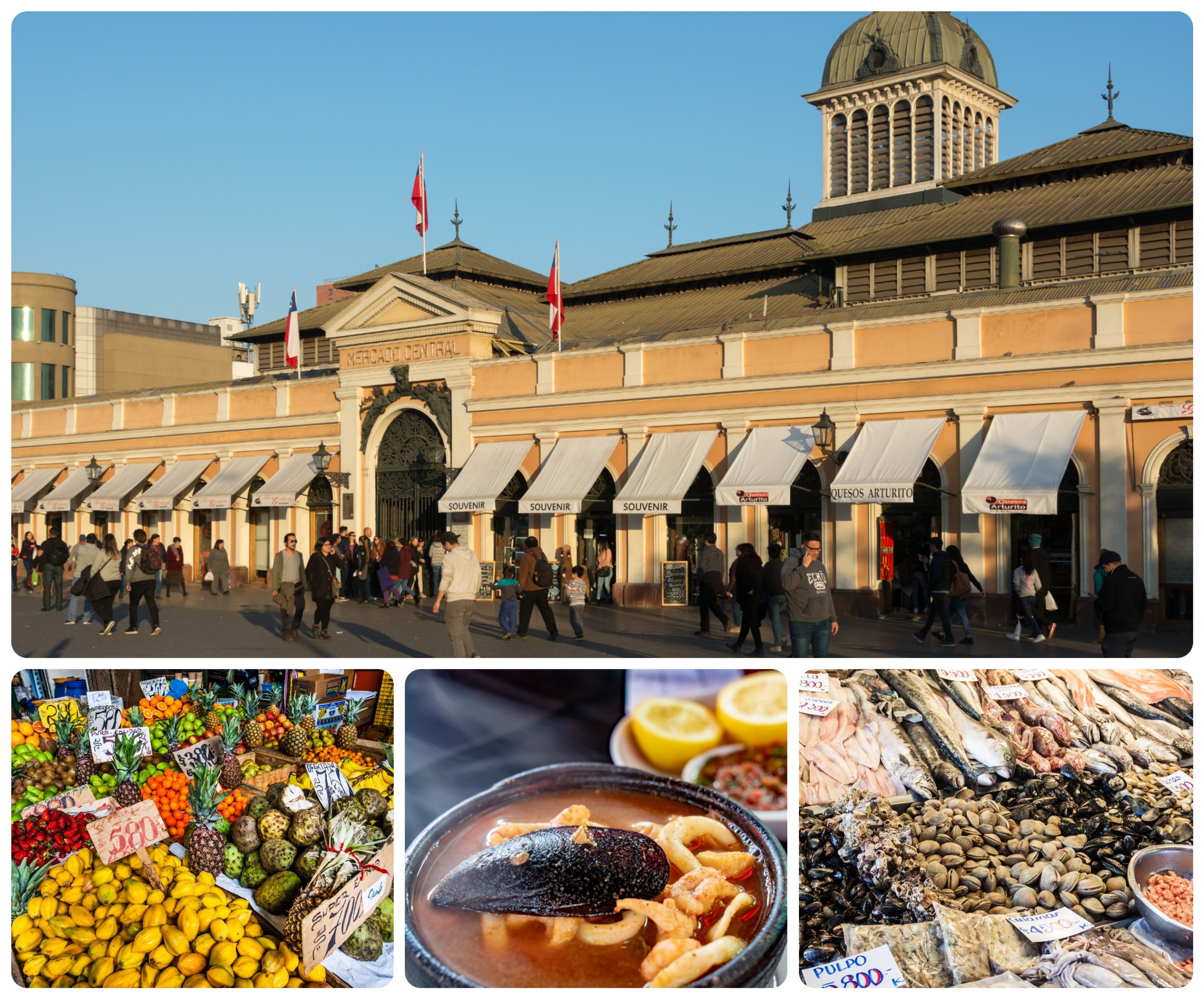 Santiago, Chile, Central Market displays fruits, soups (mussel soup, middle) and seafood, among other products./Getty Images