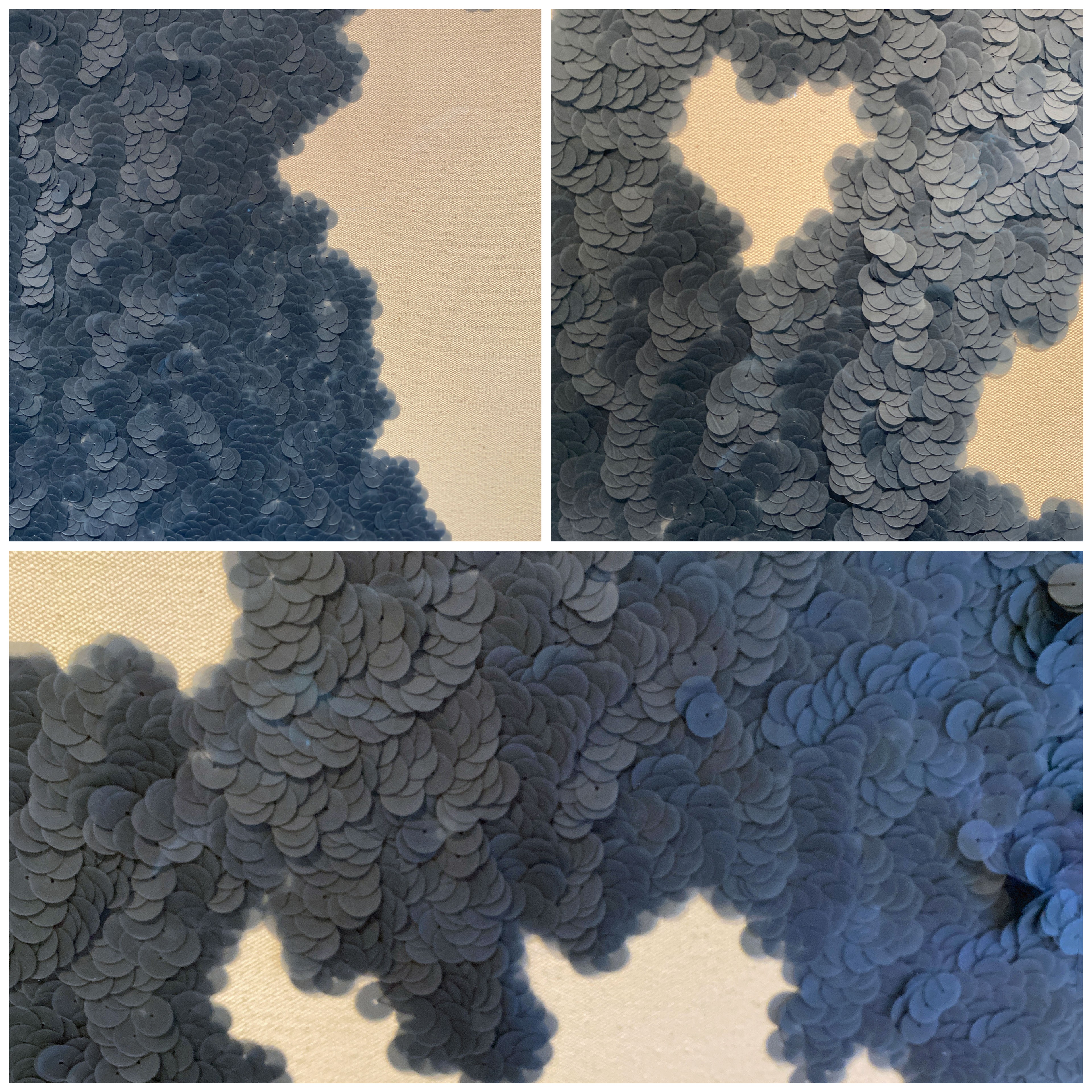 Clockwise from left: Chrôma I, II, III, sequins and cotton thread on silk organza