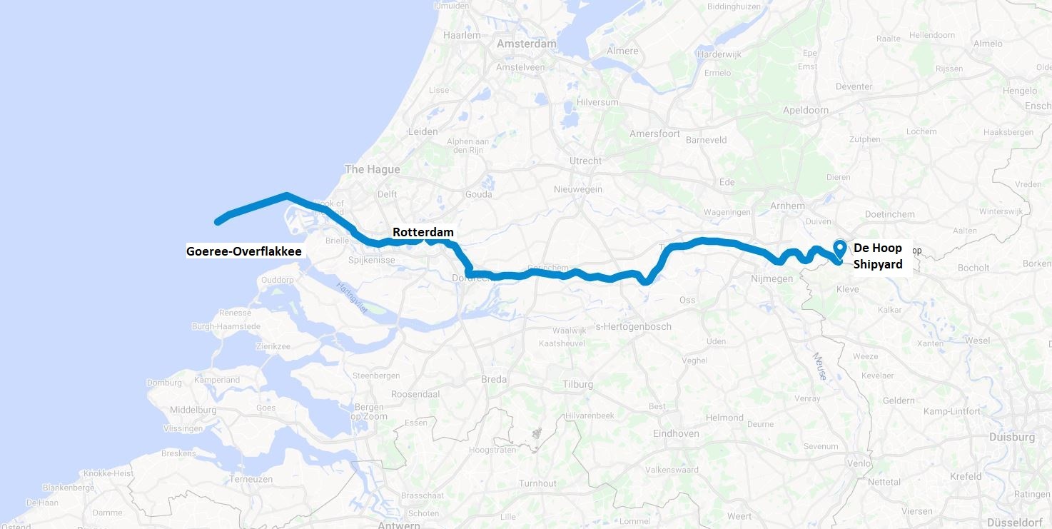 A representation of the route taken by Silver Origin as it traveled from De Hoop Shipyard to the sea