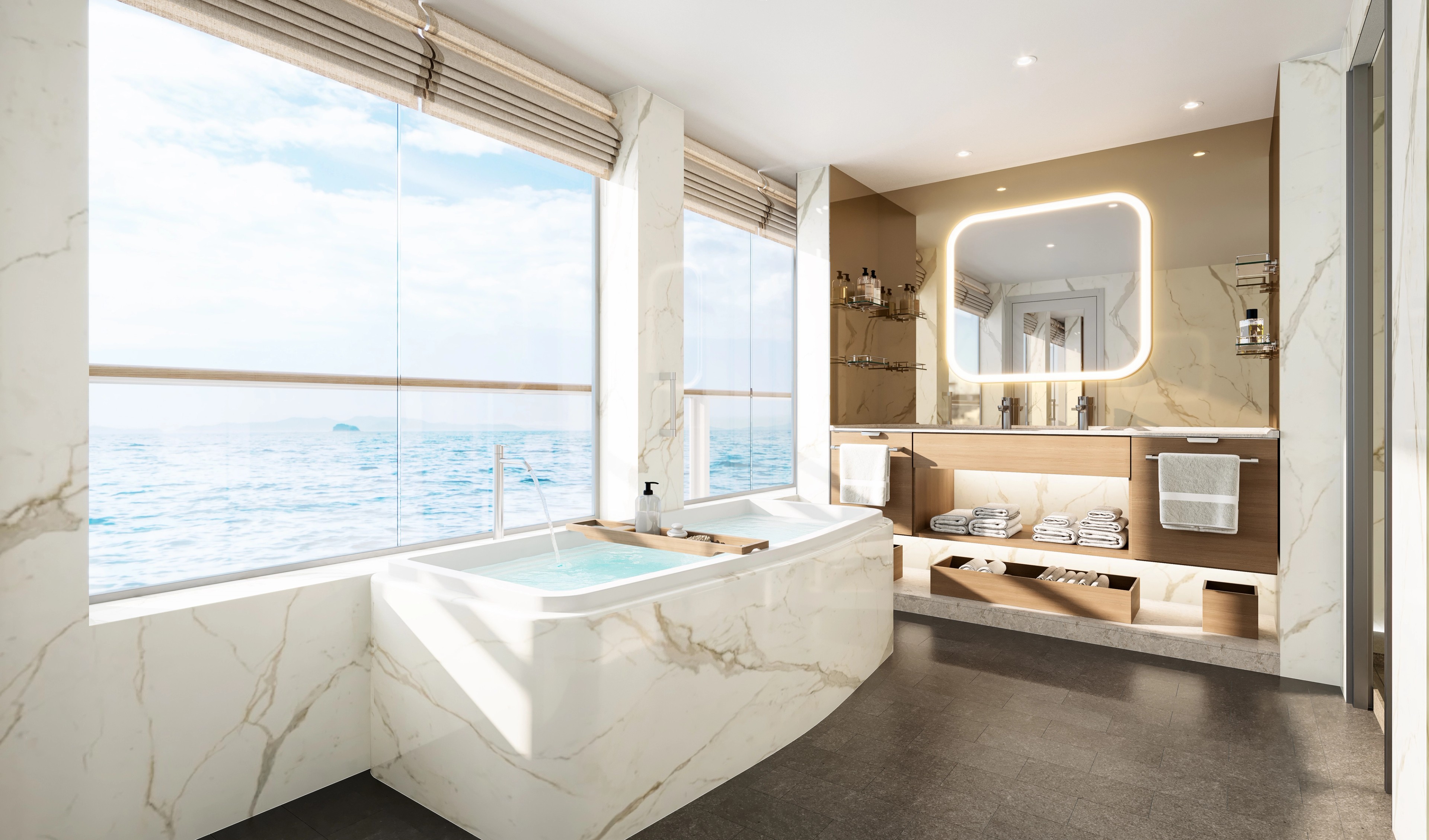 One of the Master Suites on Silversea's new Silver Nova has bathtub and shower facing the sea.