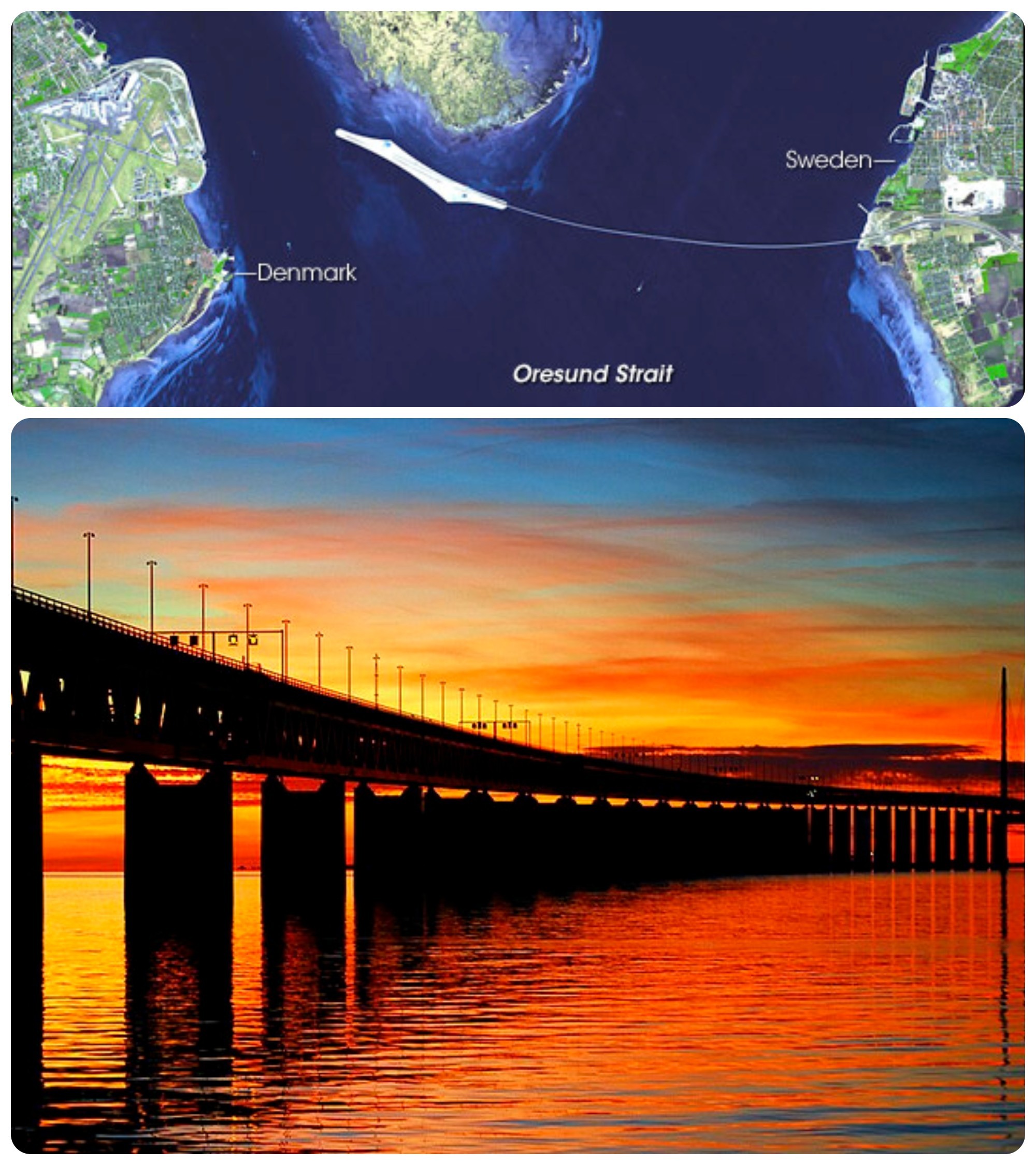 A NASA image at top shows the Oresund Strait; the bottom photo is a water-level view of the bridge that connects Denmark and Sweden./Wikimedia Commons photo by Richard Dennis
