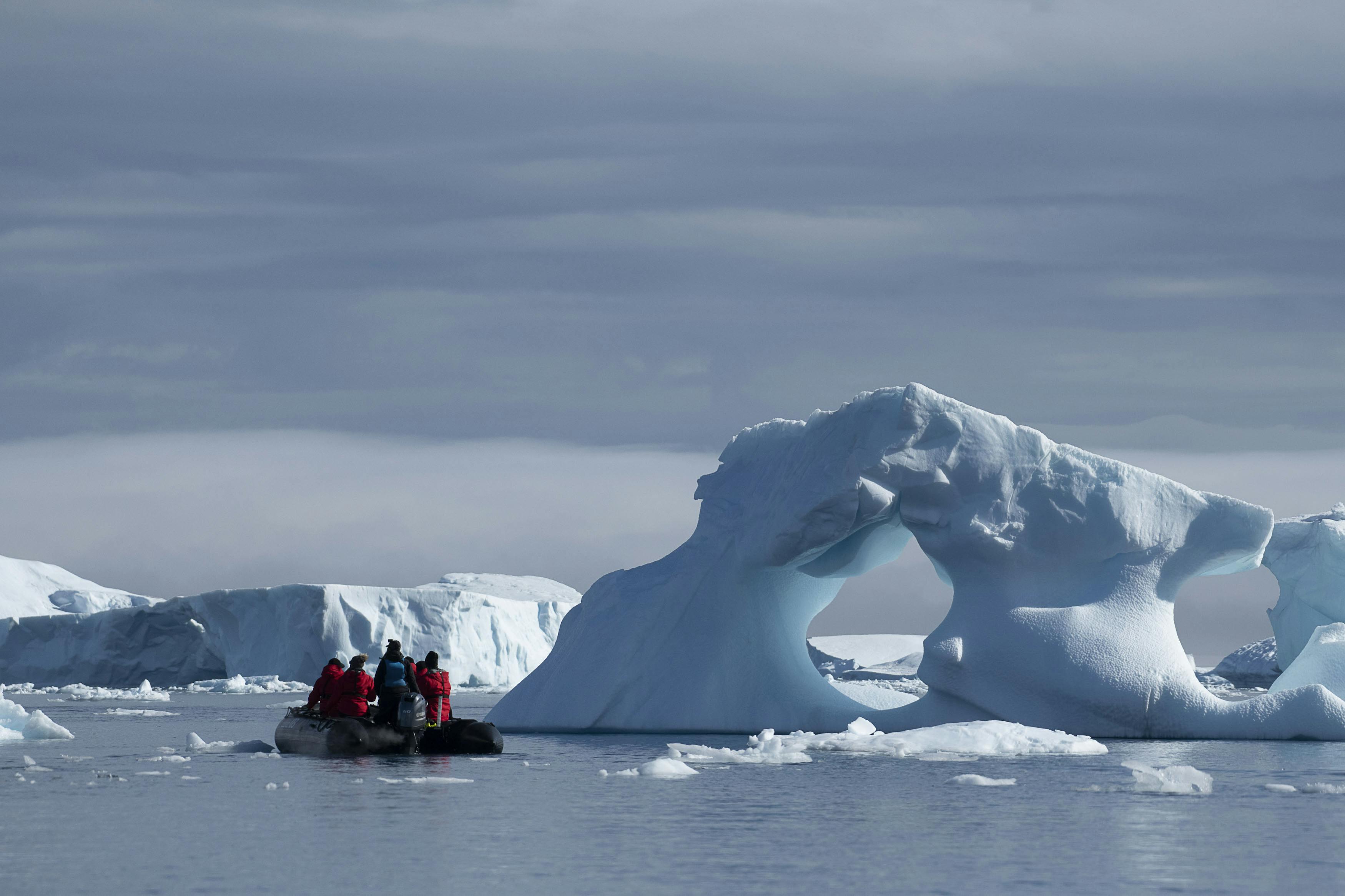 Zodiac exploring the ice formations. Zodiac tours are an essential component of any visit to Antarctica with Silversea./Thomas Silcock