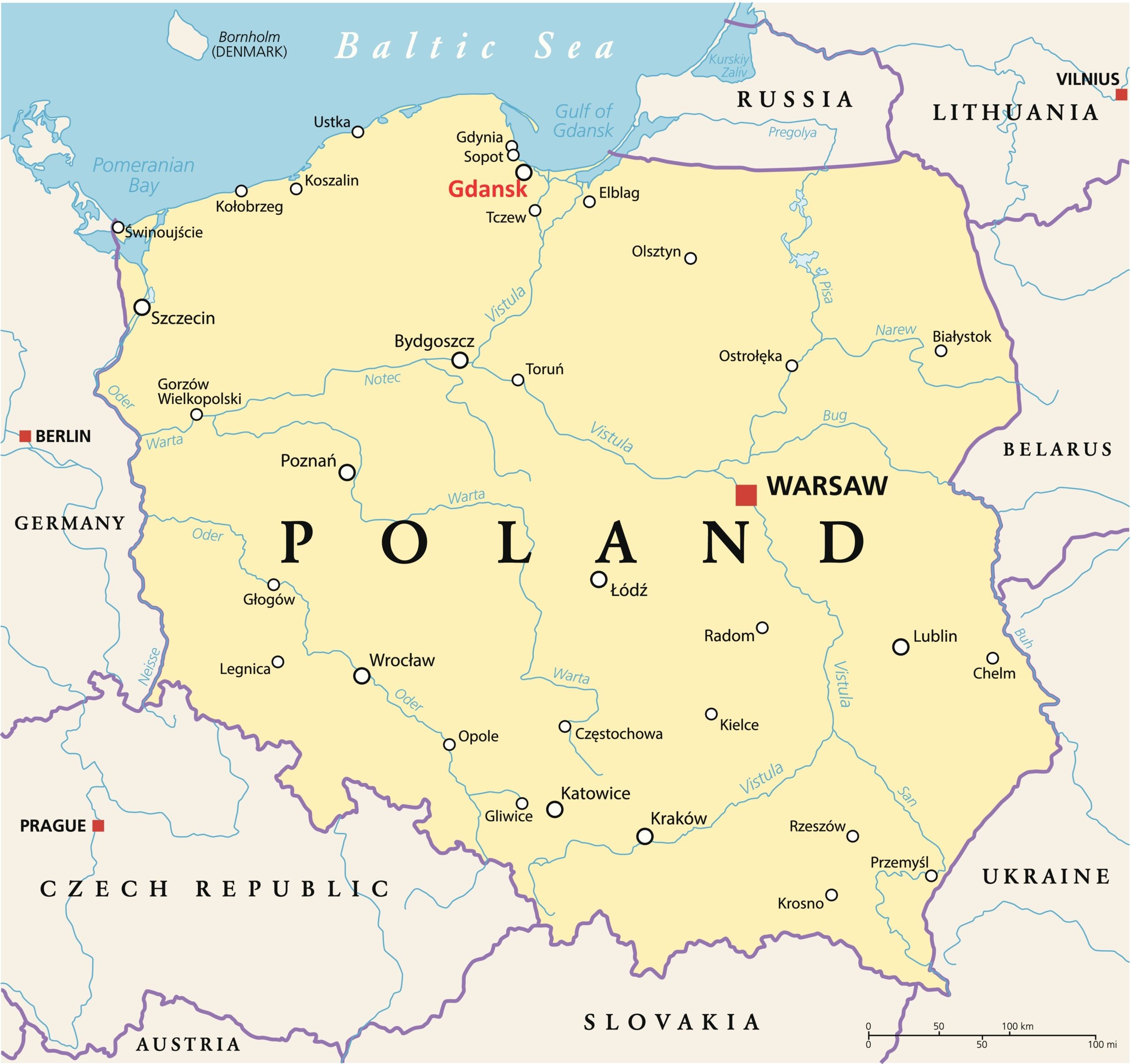 Poland Political Map with capital Warsaw, national borders, most important cities, rivers and lakes. English labeling and scaling. Illustration.