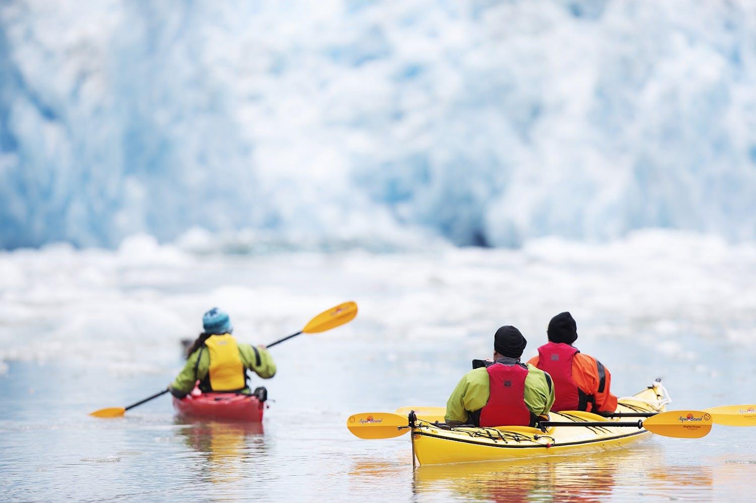 Silversea's guests kayak a safe distance from the Sawyer Glacier in the Tracy Arm Fjord./Lucia Griggi